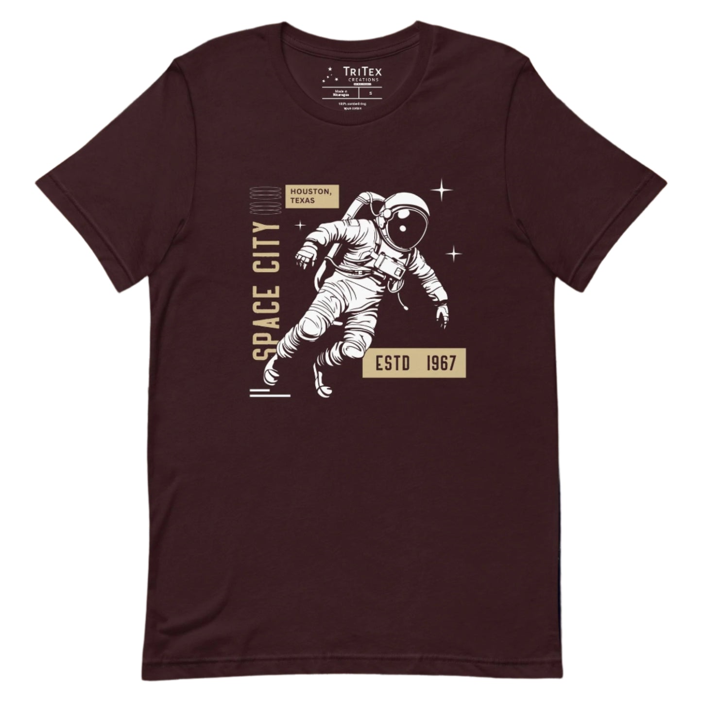 An oxblood black t-shirt featuring an astronaut with the words "Space City. Houston, Texas. Estd. 1967".