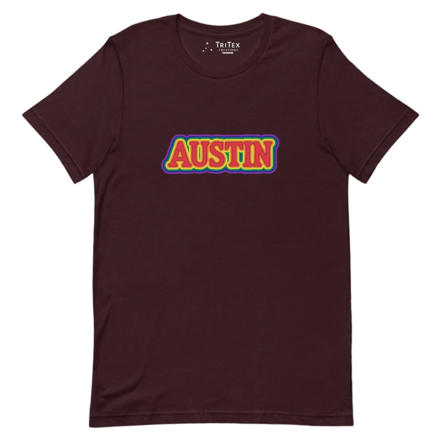 An oxblood black t-shirt featuring the words Austin in rainbow colors.