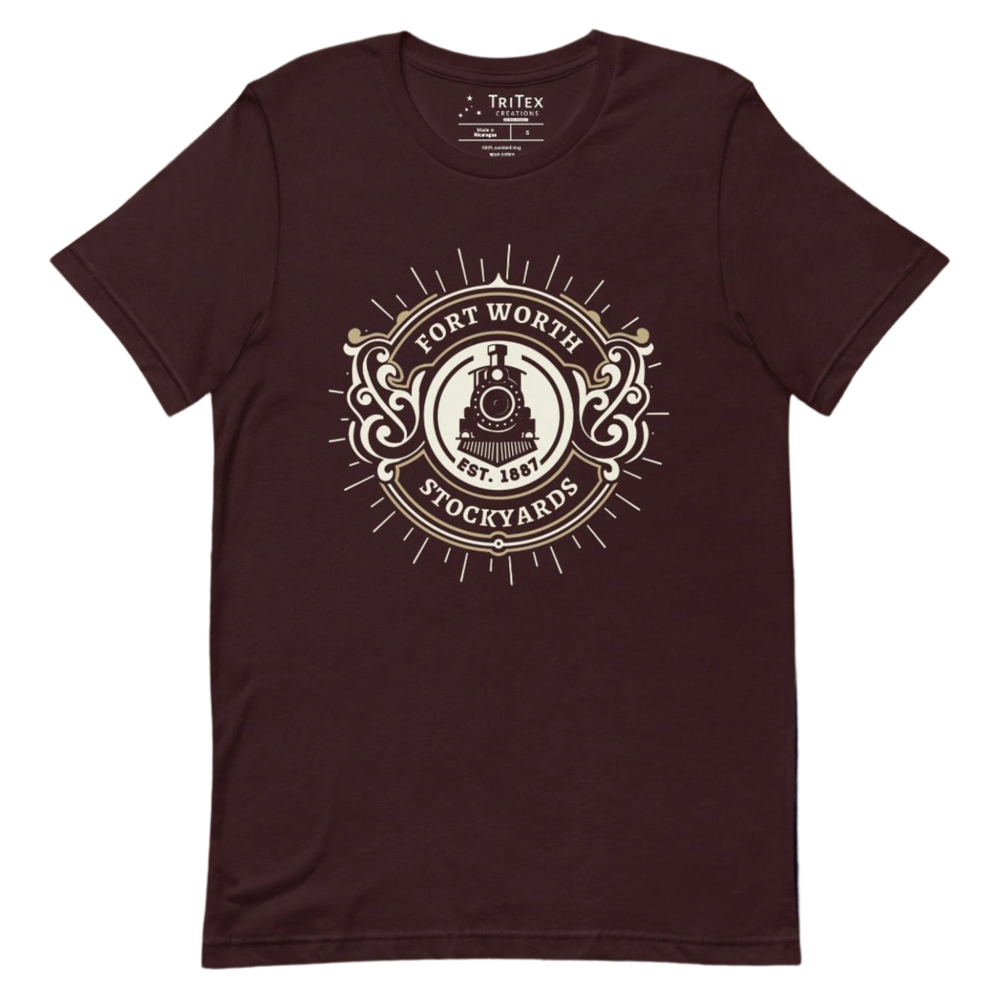 An oxblood black t-shirt featuring a vintage locomotive and the text "Fort Worth Stockyards Est. 1887".