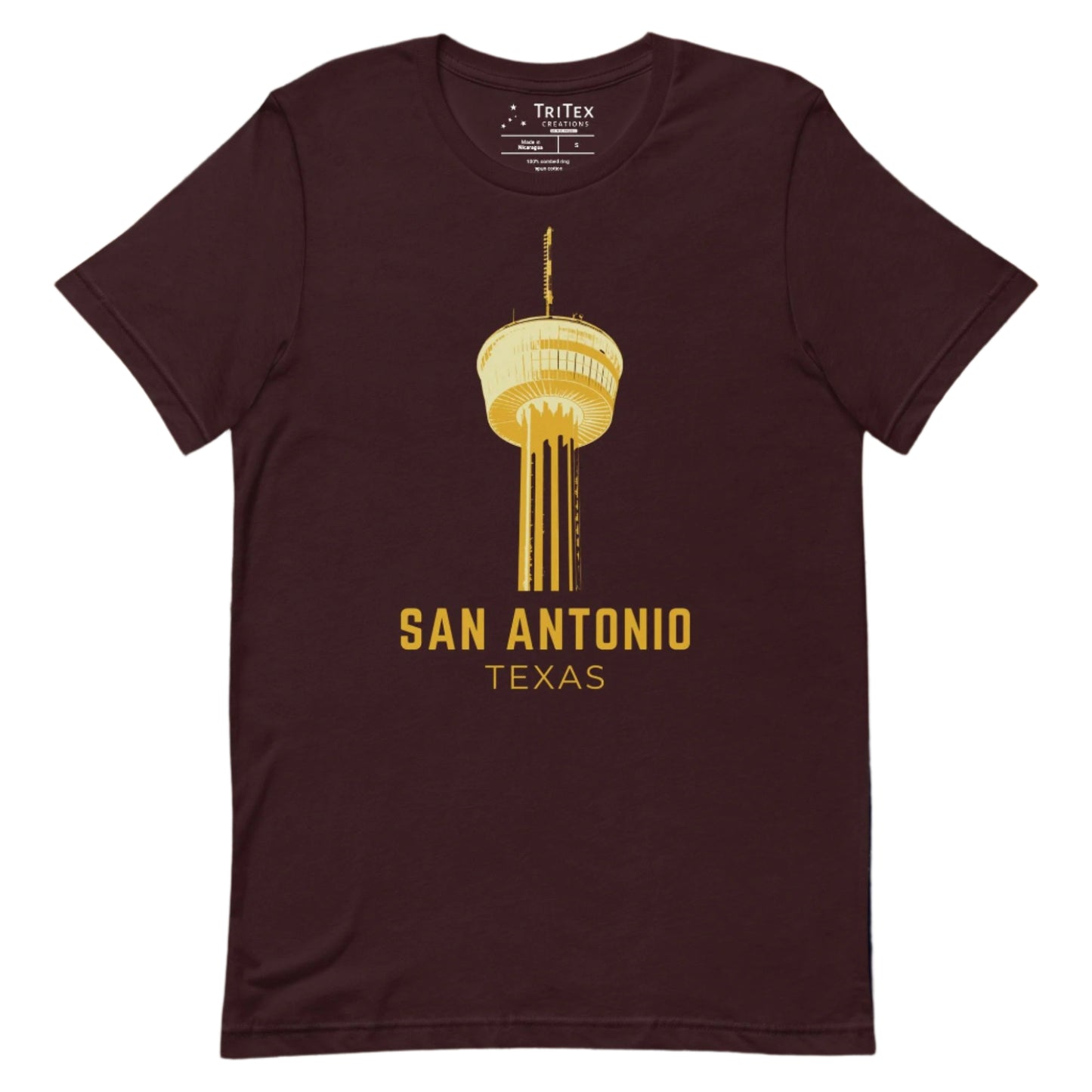 An oxblood black t-shirt featuring the Tower of the Americas with the words "San Antonio Texas".