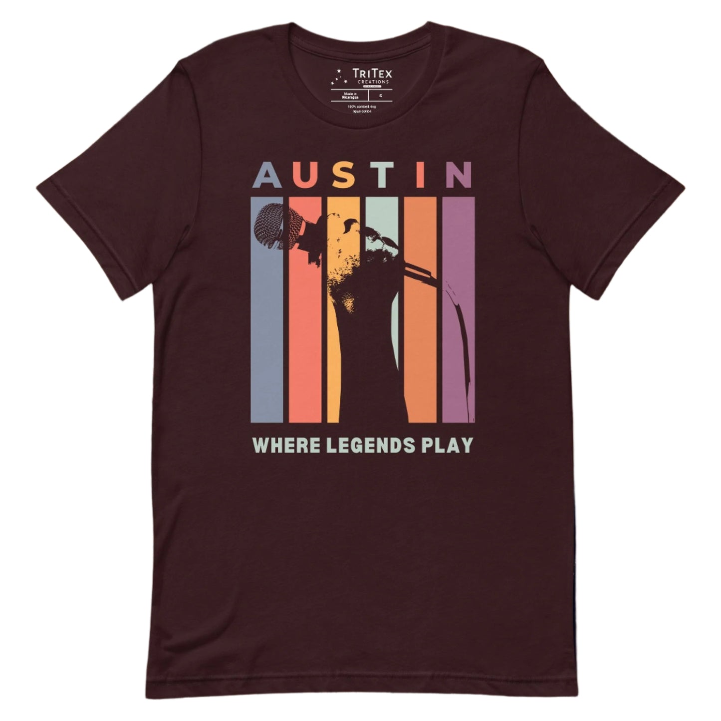 An oxblood black t-shirt featuring a silhouette of a hand holding a microphone with the words "Austin. Where legends play".