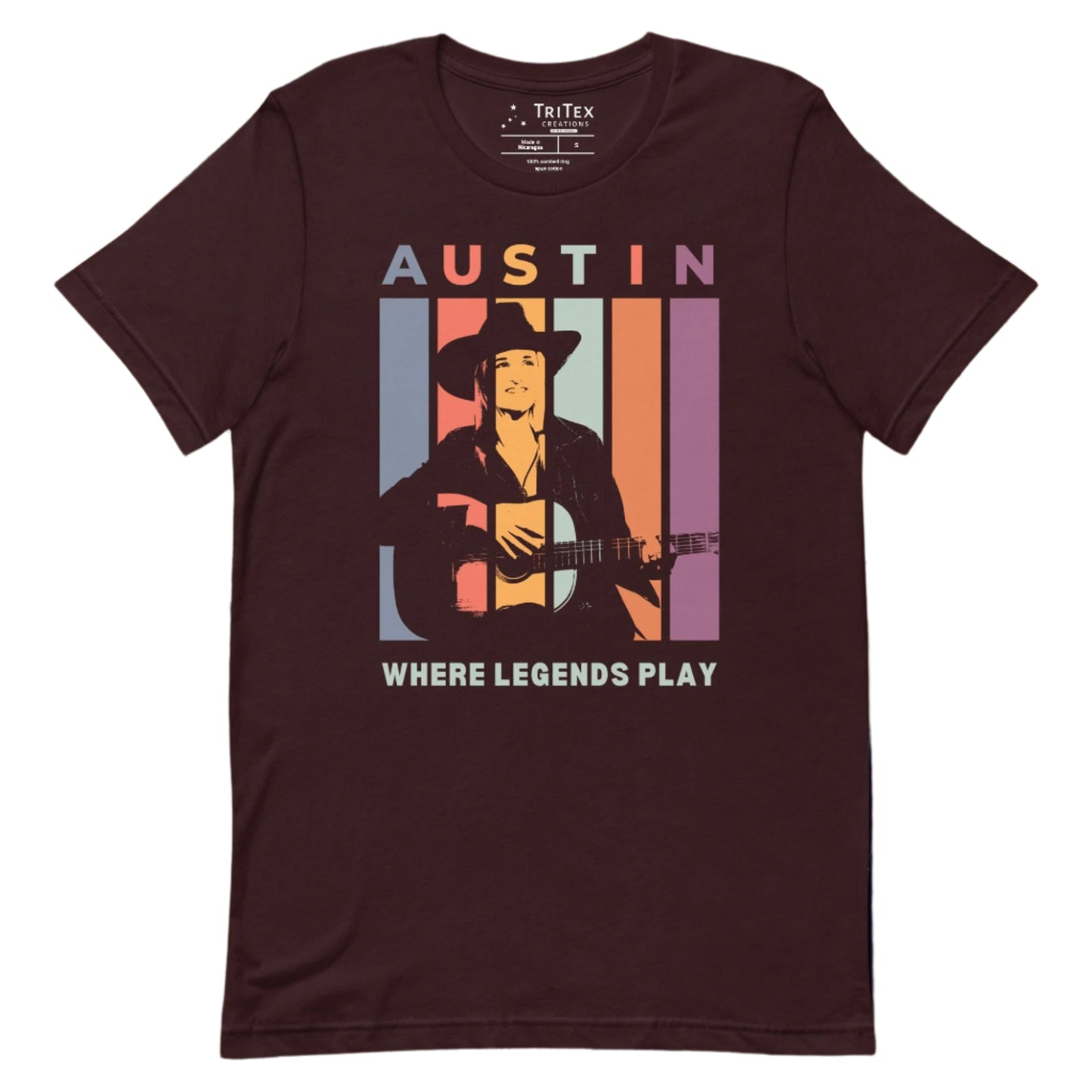 An oxblood black t-shirt featuring a silhouette of a guitarist with the words "Austin. Where legends play".