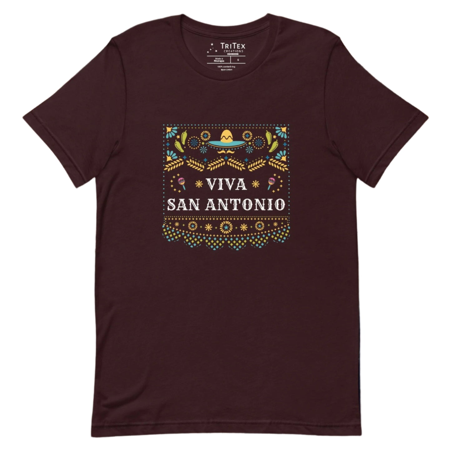 An oxblood black t-shirt featuring a festive Mexican-style pattern with the words "Viva San Antonio".