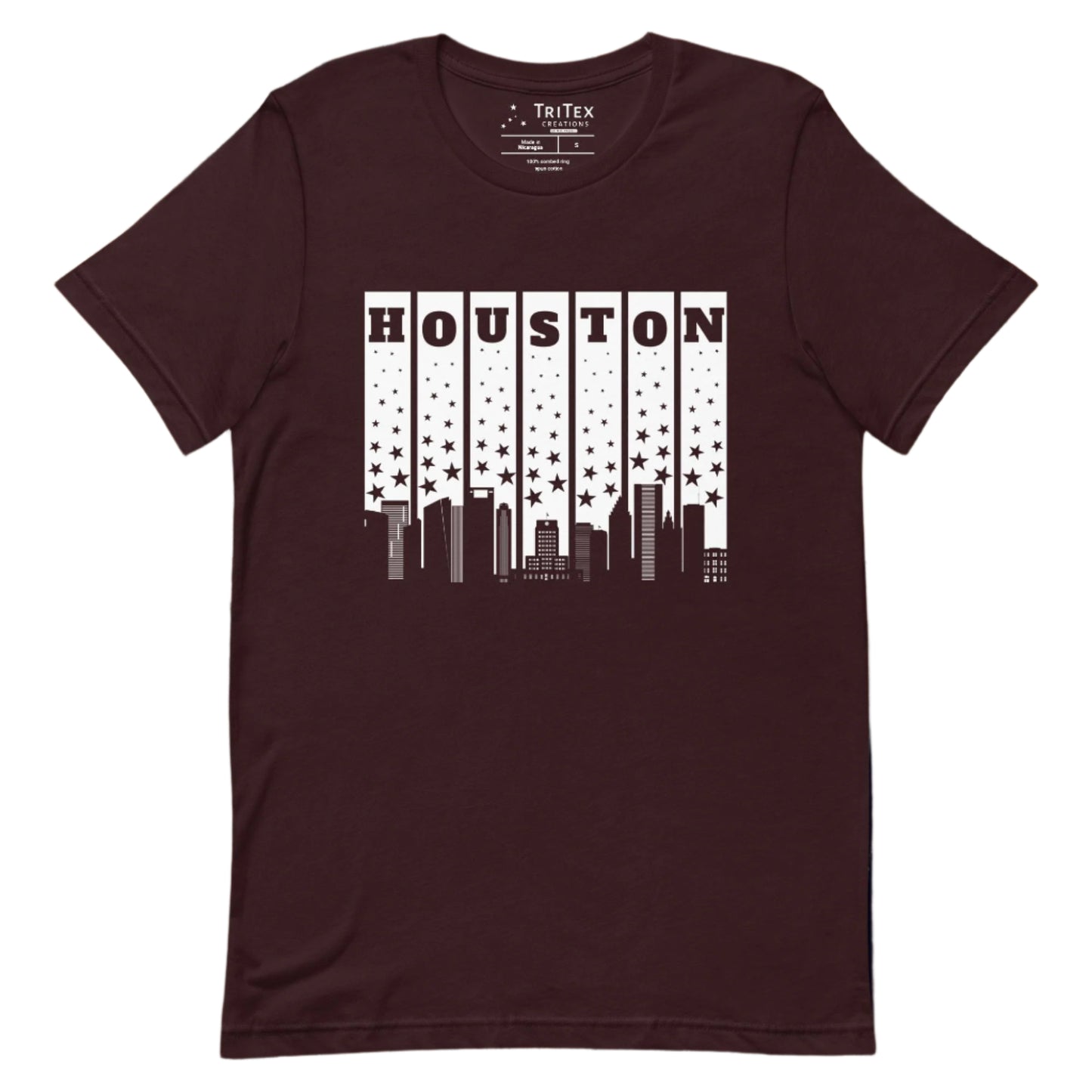 An oxblood black t-shirt with a silhouette of the Houston Skyline with some stars and the words "Houston" above.