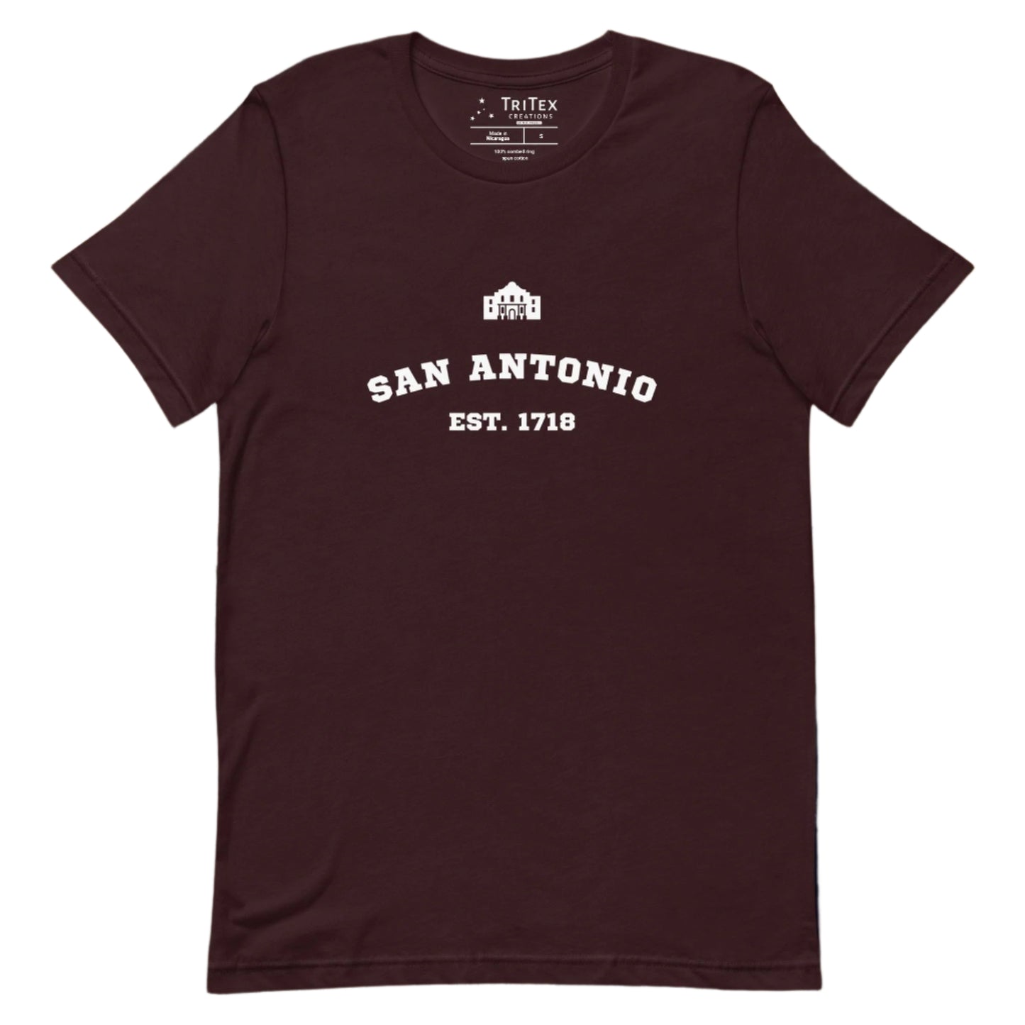 An oxblood black t-shirt featuring a silhouette of The Alamo and the text "San Antonio Est. 1718".