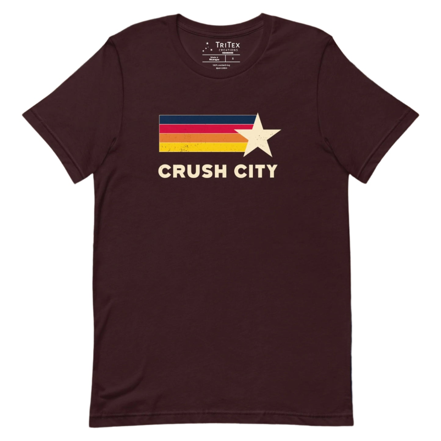 An oxblood black t-shirt featuring blue, red, orange, yellow stripes and a cream-colored star with the words "Crush city".