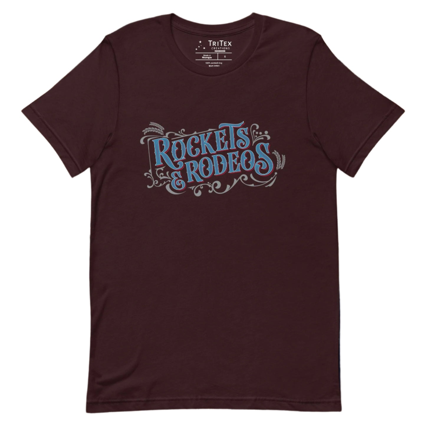 An oxblood black t-shirt with vintage-style text that reads "Rockets & Rodeos".