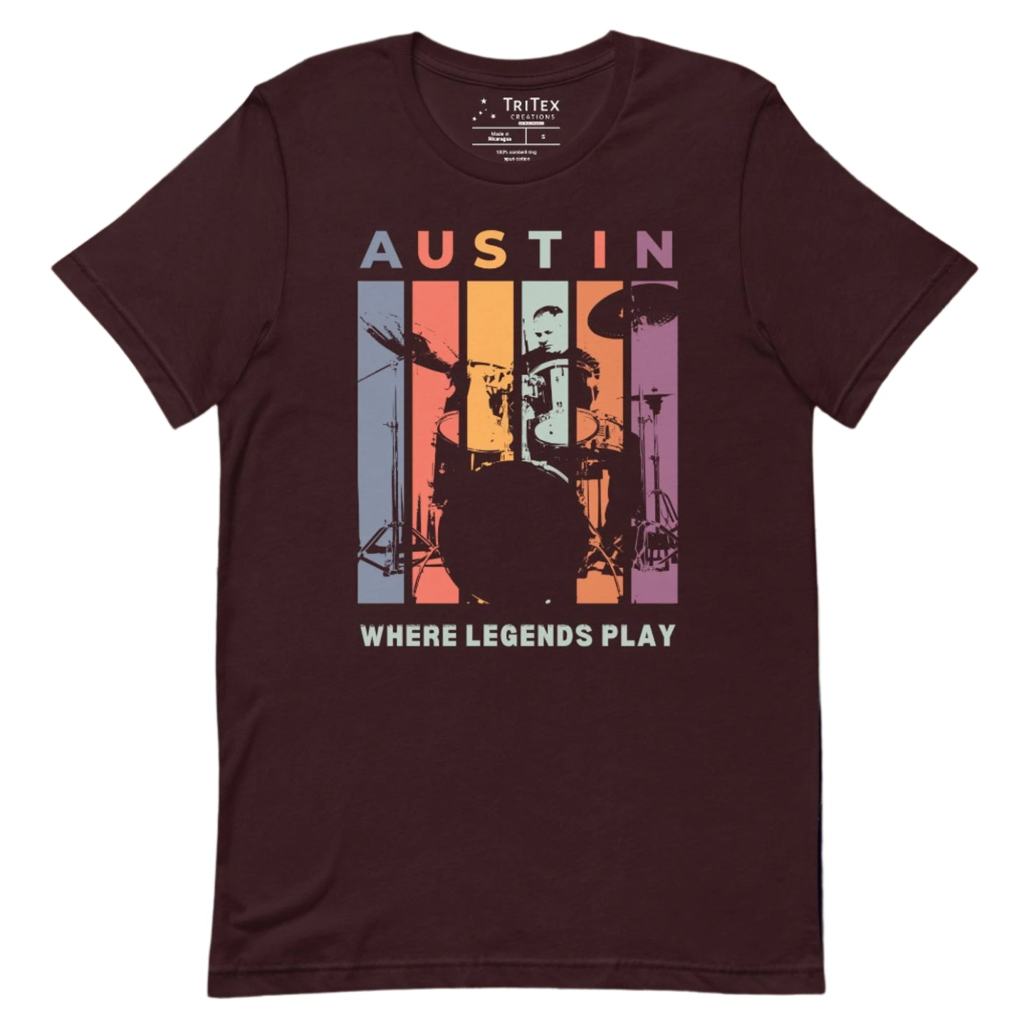 An oxblood black t-shirt featuring a silhouette of a drummer with the words "Austin. Where legends play".