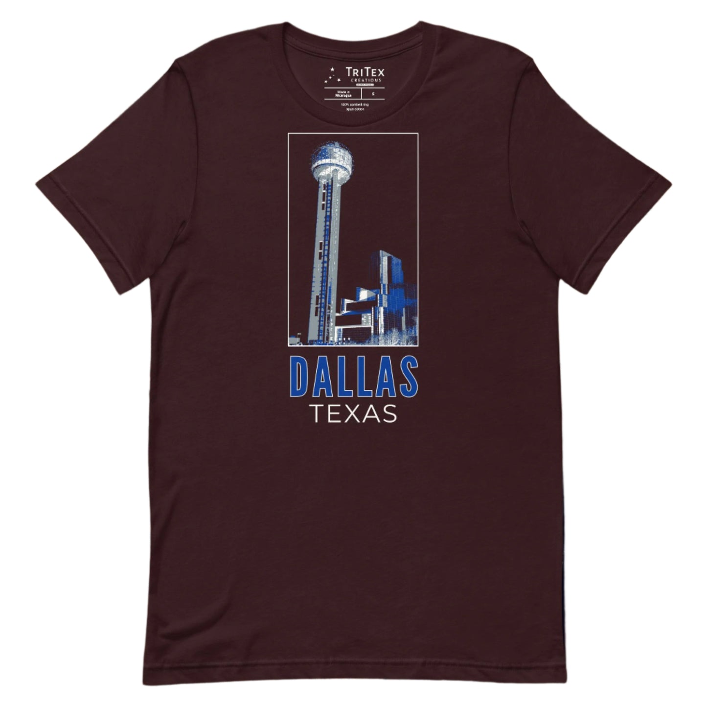 An oxblood black t-shirt featuring an image of Reunion Tower with the words "Dallas Texas".