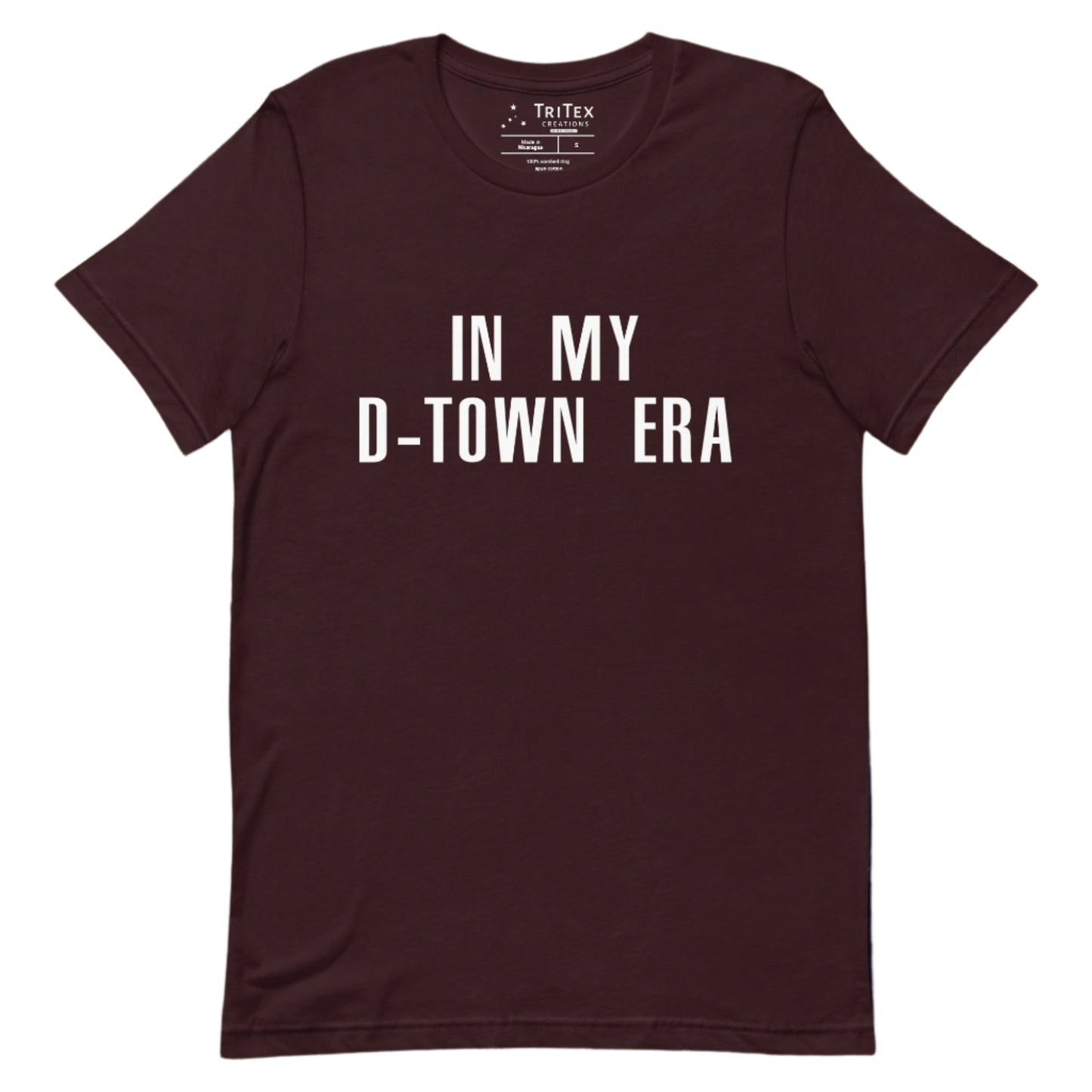 An oxblood black t-shirt with the text "In my d-town era.