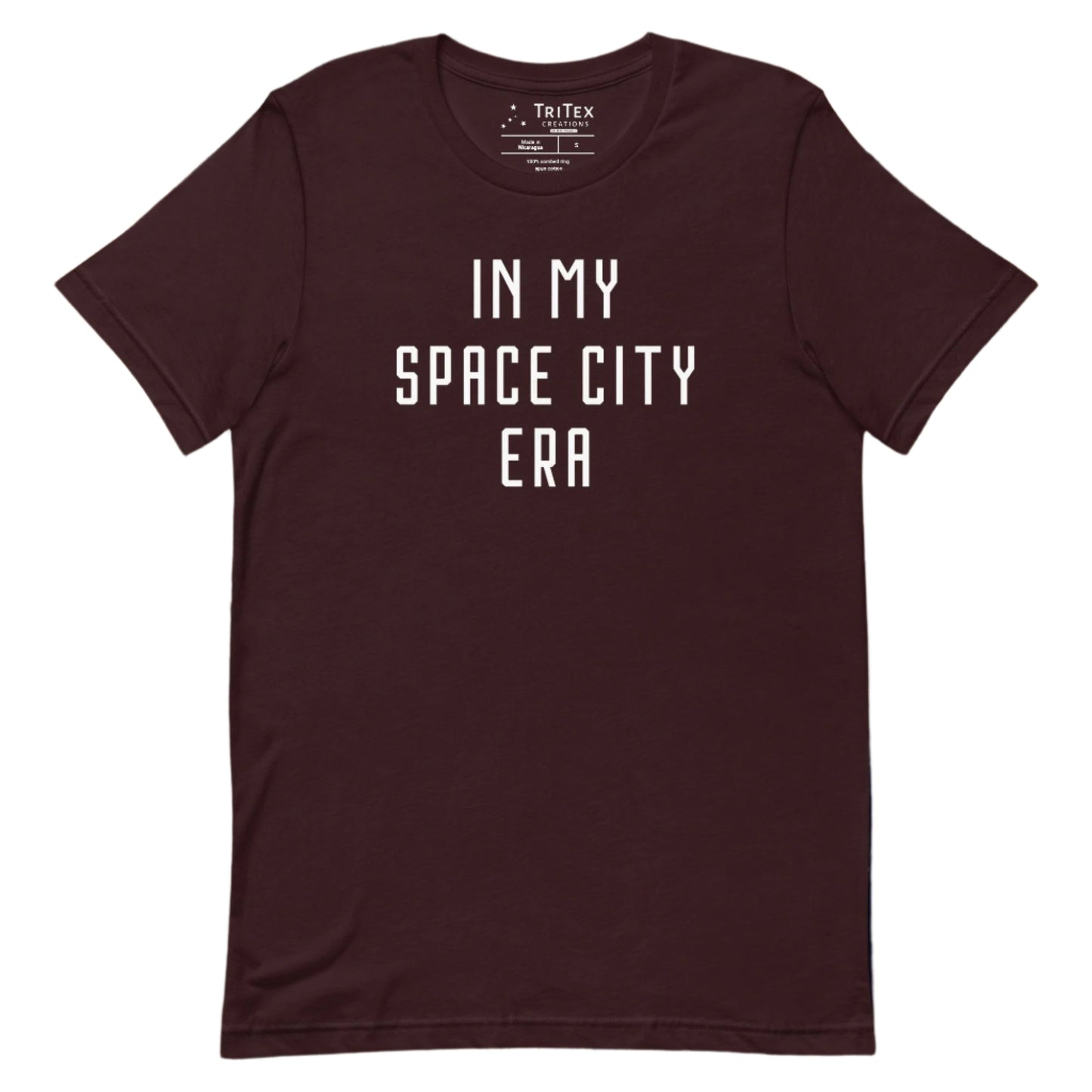 A oxblood black t-shirt that reads "In my space city era".