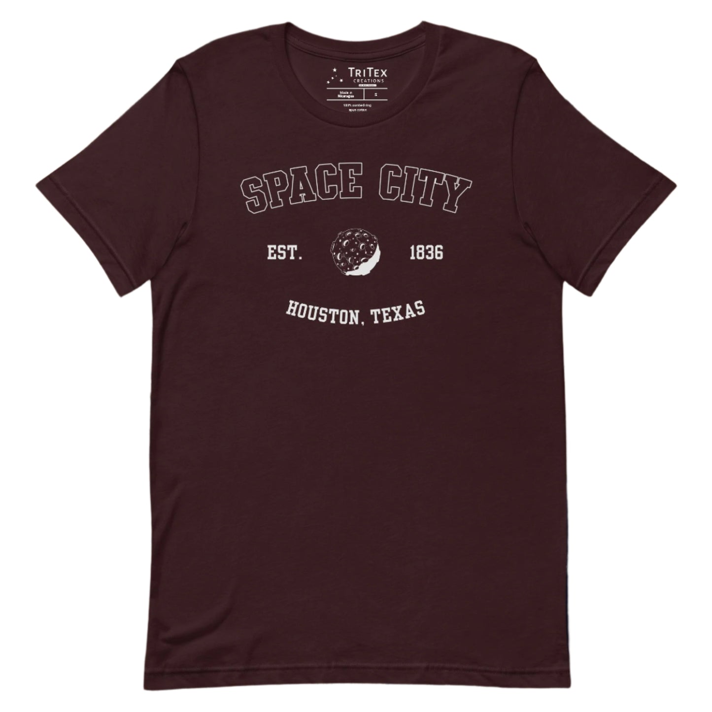 An oxblood black t-shirt featuring a graphic image of the moon with the text "Space City Est. 1836 Houston, Texas".