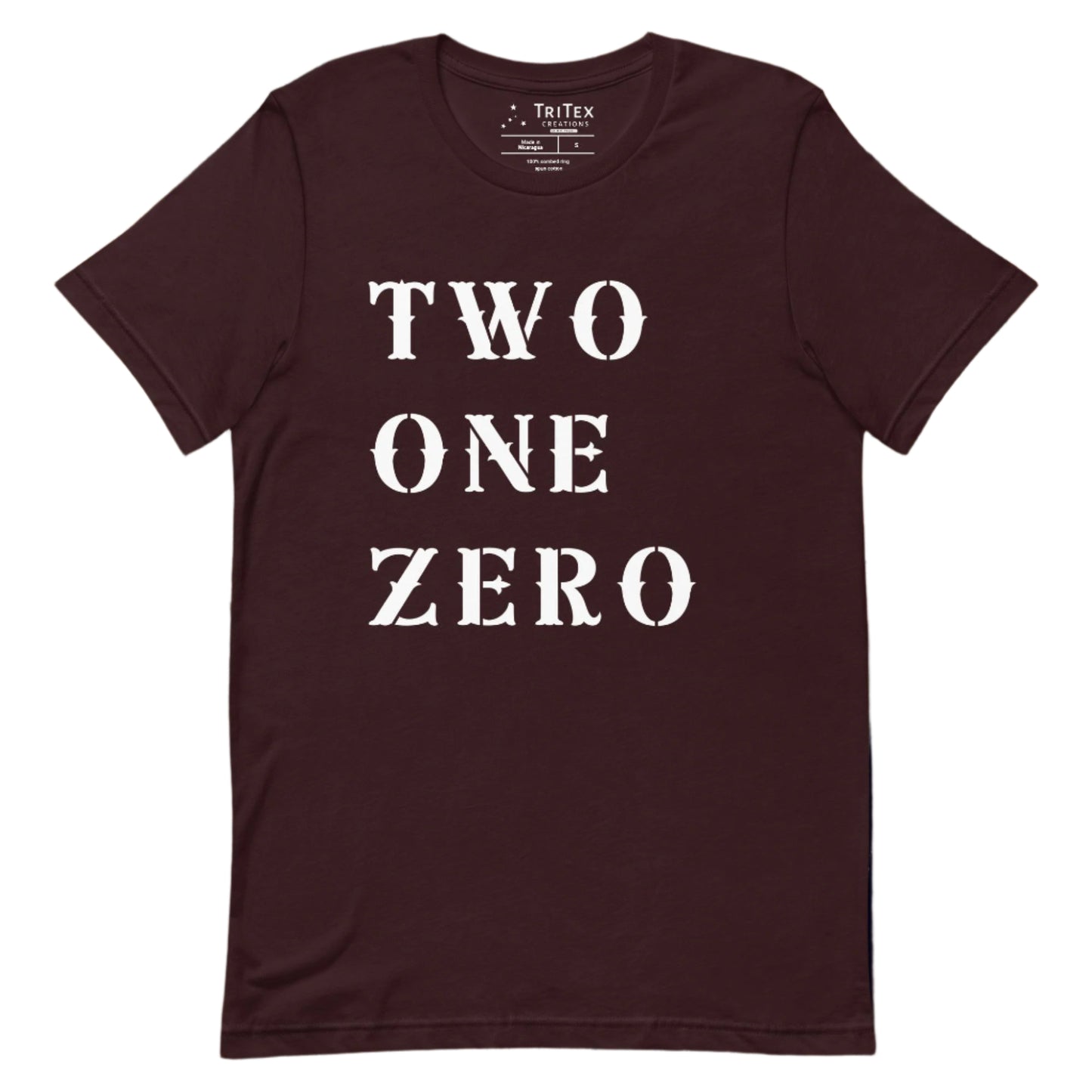 An oxblood black t-shirt with the text "TWO ONE ZERO".