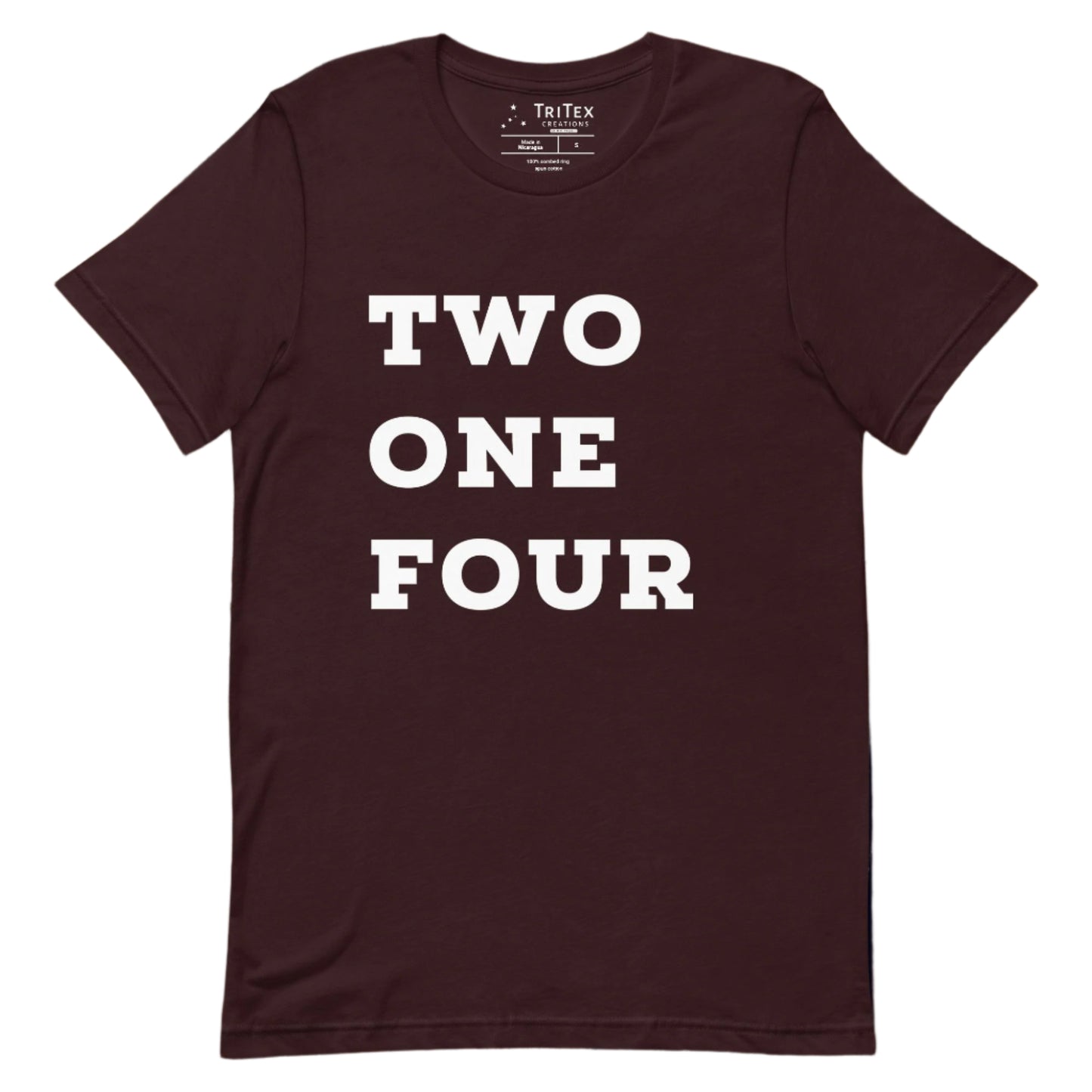 An oxblood black t-shirt with the text "TWO ONE FOUR".