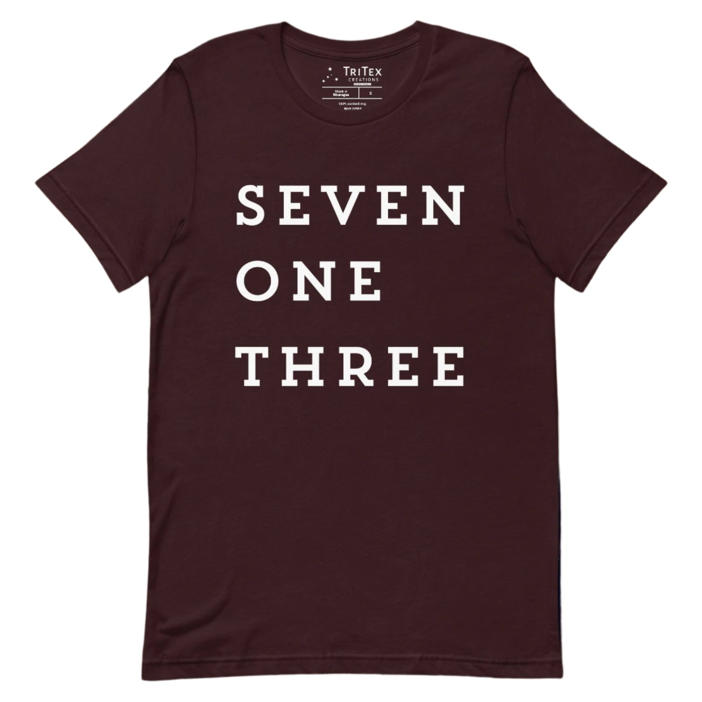 An oxblood black t-shirt with the text "SEVEN ONE THREE".