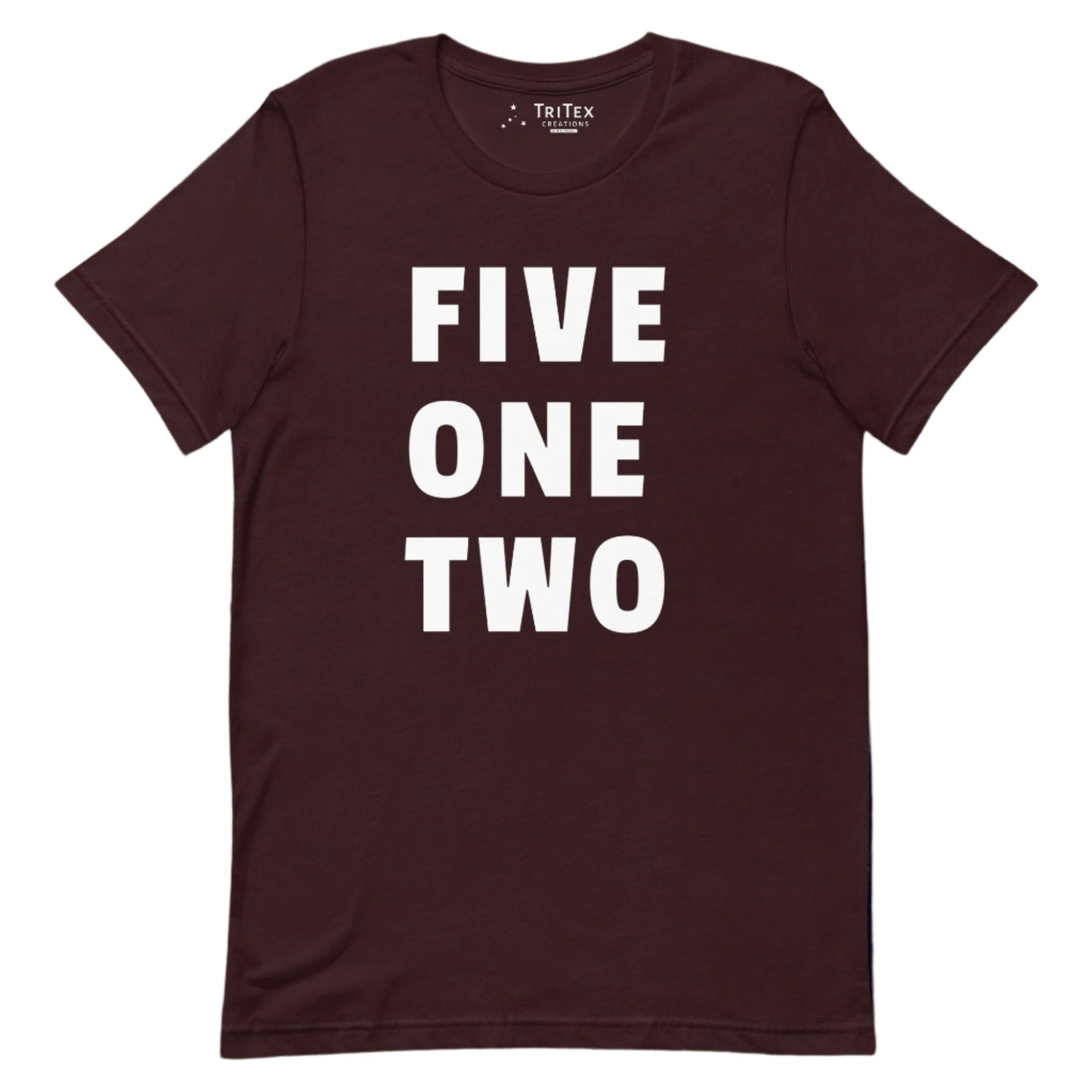 An oxblood brown t-shirt with the text "FIVE ONE TWO".