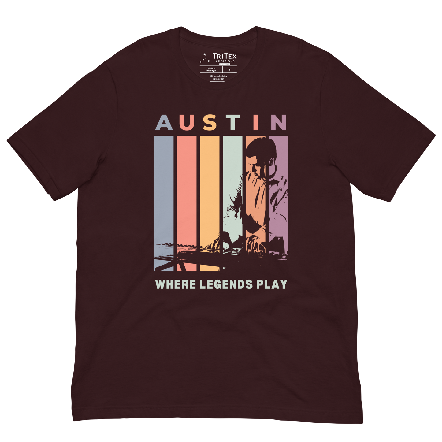 An oxblood black t-shirt featuring the silhouette of a keyboard player with the words "Austin. Where legends play".