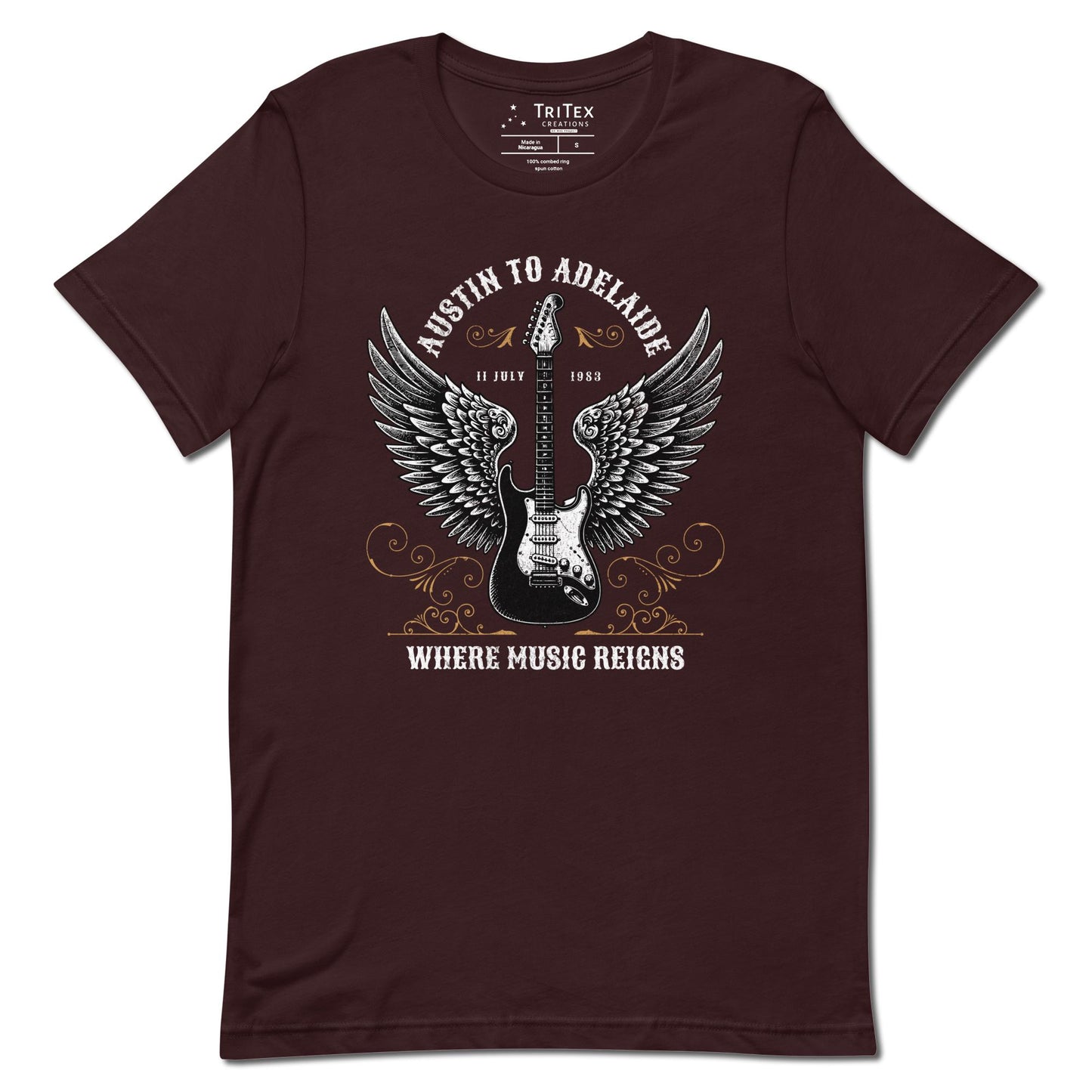 An oxblood black t-shirt featuring an electric guitar with wings and the words "Austin to Adelaide 11 July 1983. Where music reigns".