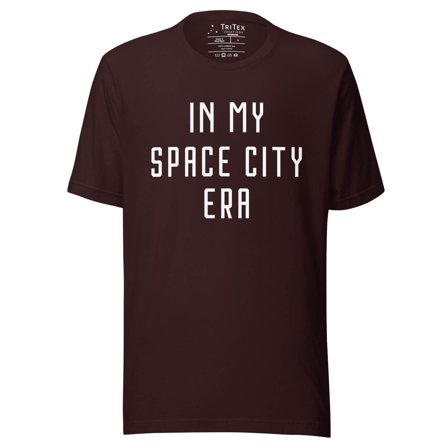 An oxblood black t-shirt featuring with the text "In my Space City era".