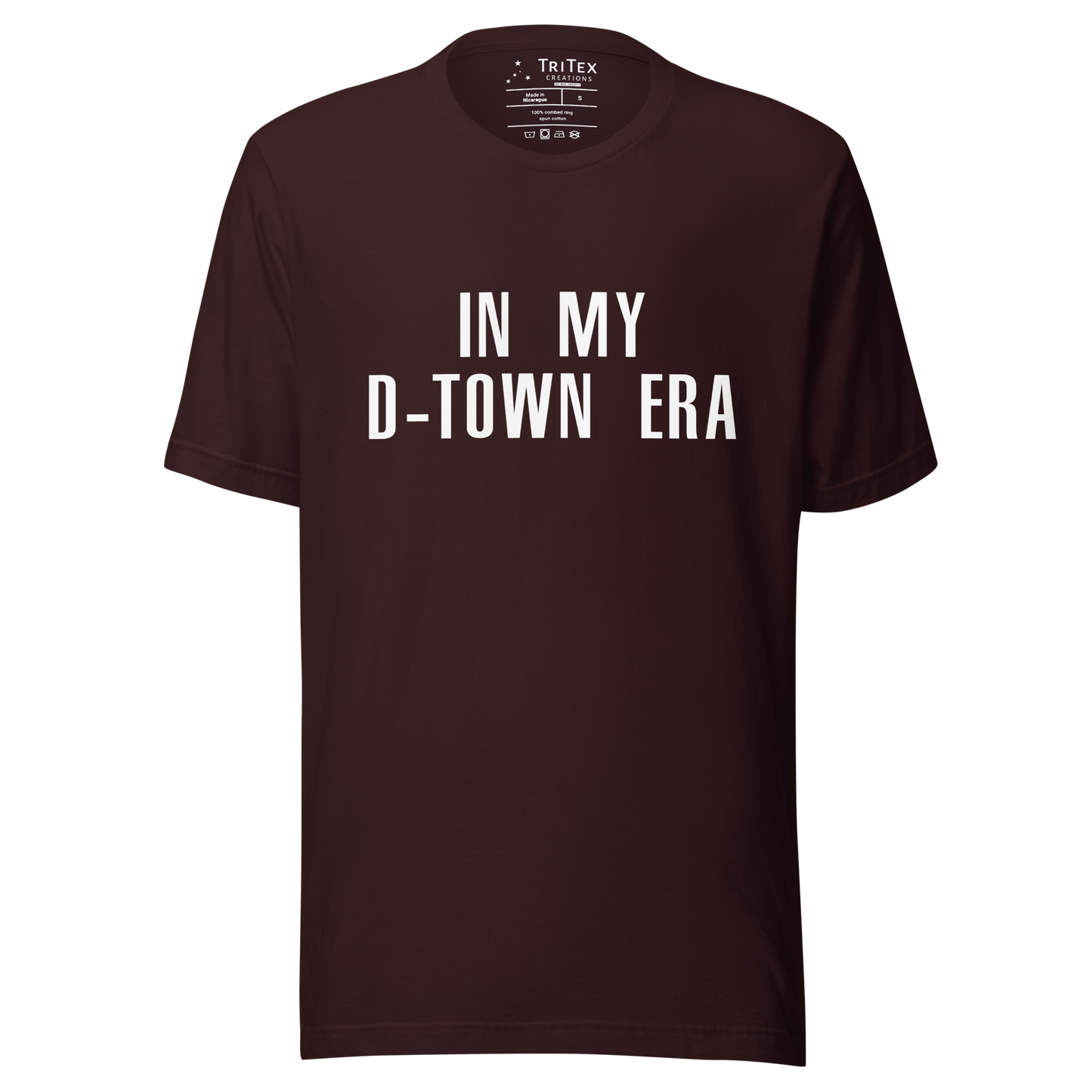 An oxblood black t-shirt featuring with the text "In my D-Town era".