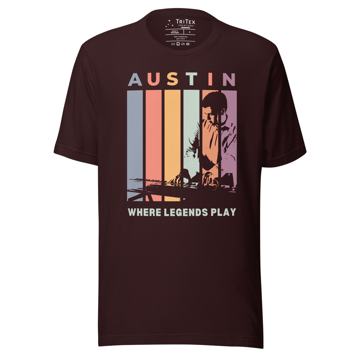 An oxblood black t-shirt featuring the silhouette of a keyboard player with the words "Austin. Where legends play".
