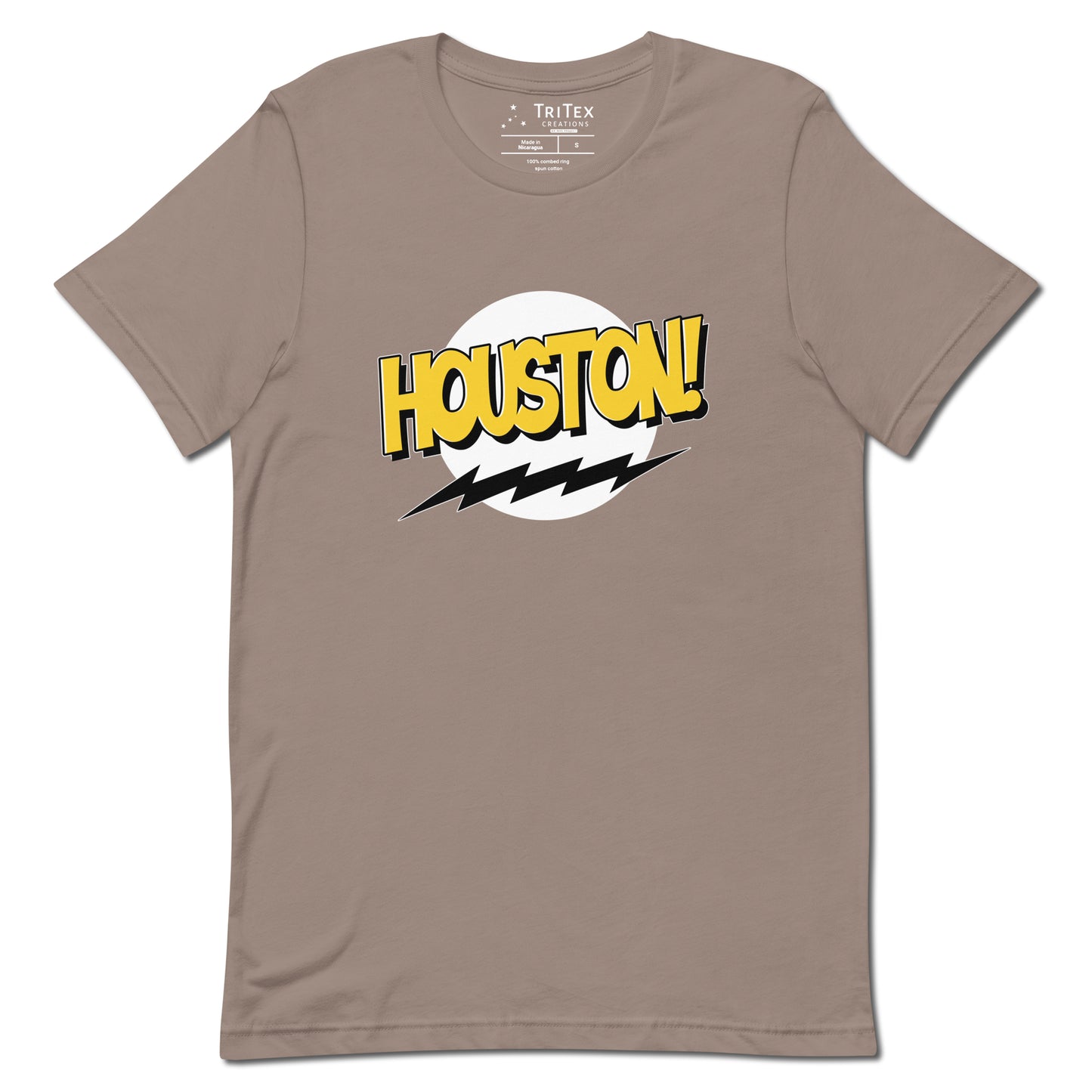 A pebble-colored t-shirt with the words "Houston!" in the style of a Sheldon Cooper Bazinga-shirt.