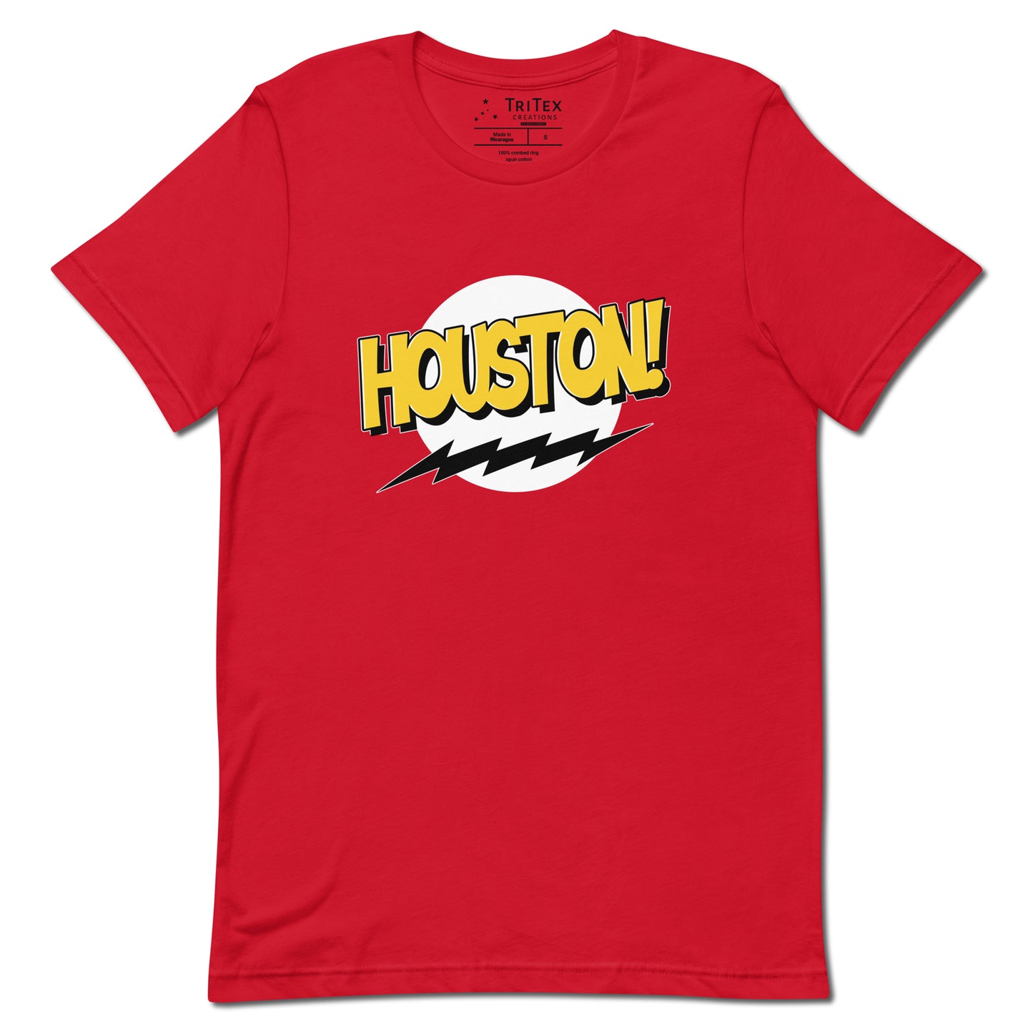 A red t-shirt with the words "Houston!" in the style of a Sheldon Cooper Bazinga-shirt.