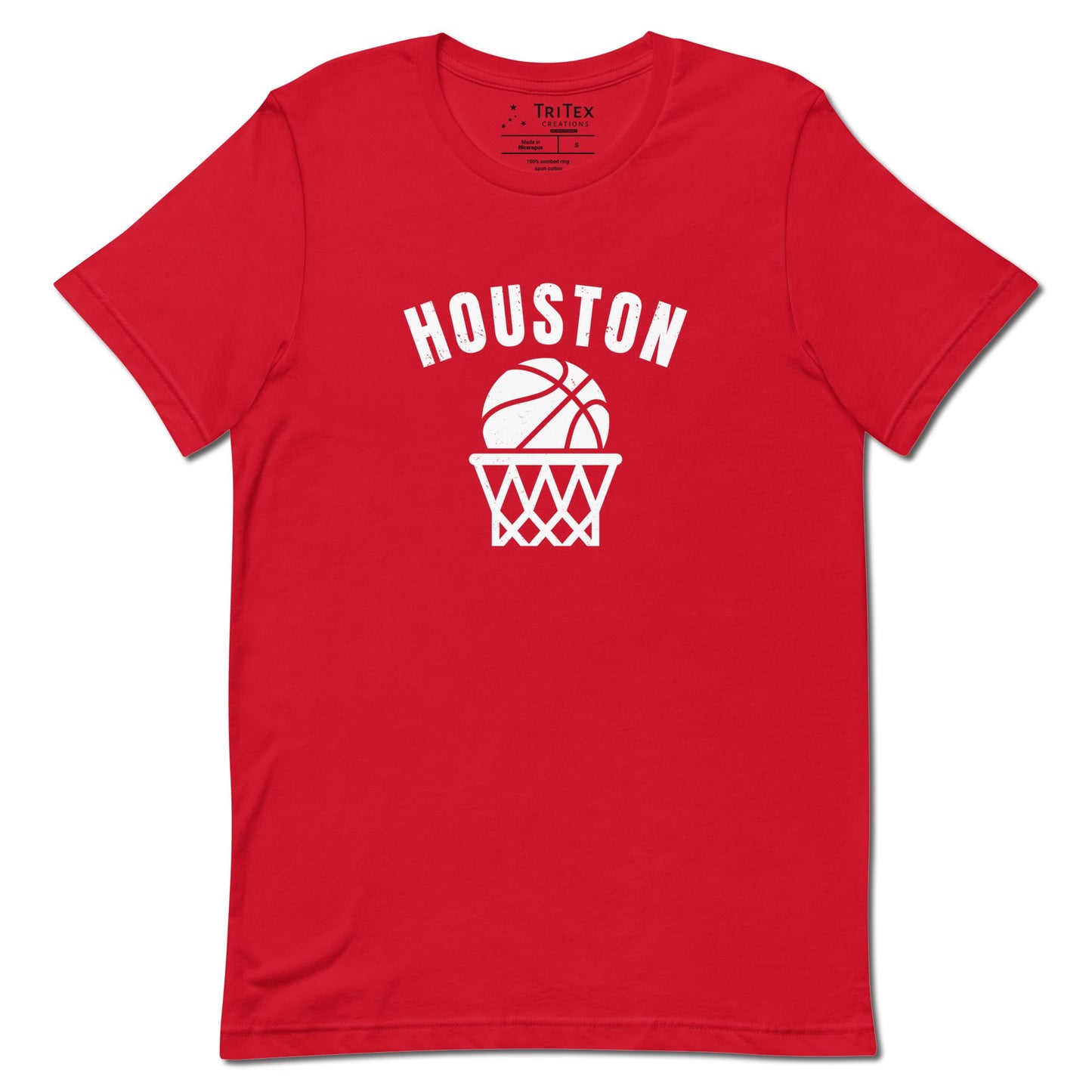 A red t-shirt featuring a basketball and net with the words "Houston".