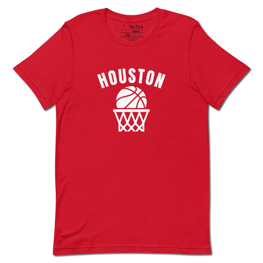 A red t-shirt featuring a basketball and net with the words "Houston".