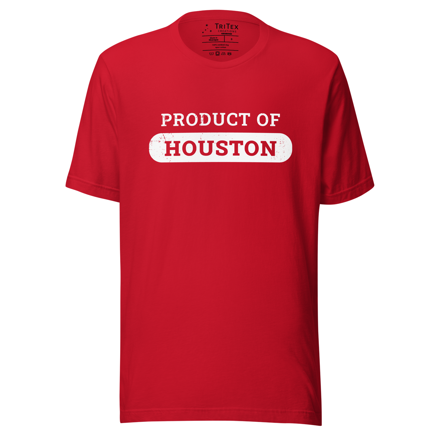 A red t-shirt that reads "Product of Houston".