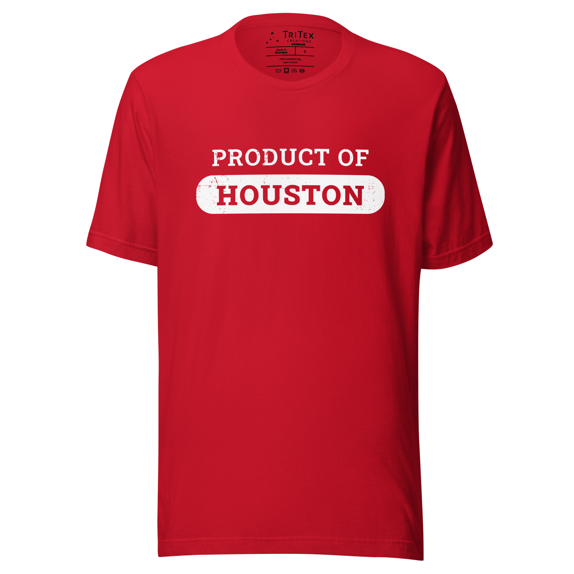 A red t-shirt that reads "Product of Houston".