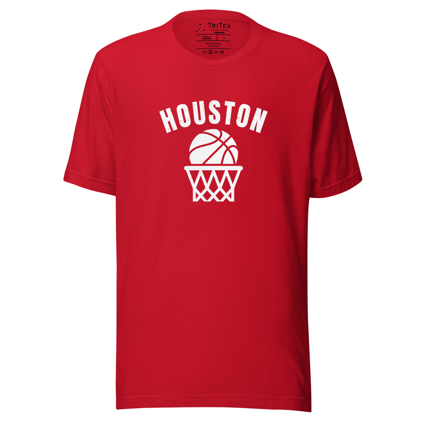 A red t-shirt featuring a basketball and net with the words "Houston".