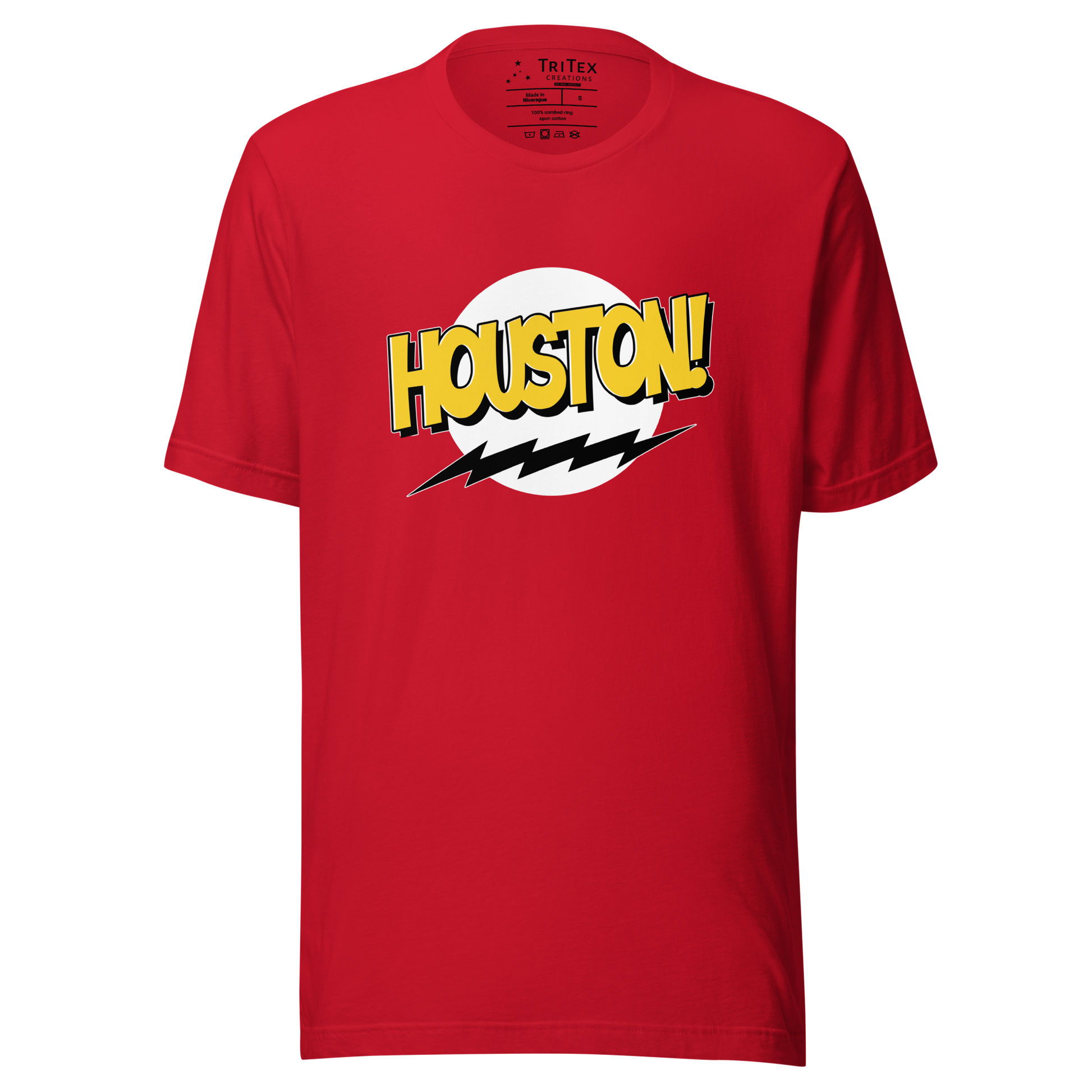 A red t-shirt with the words "Houston!" in the style of a Sheldon Cooper Bazinga-shirt.