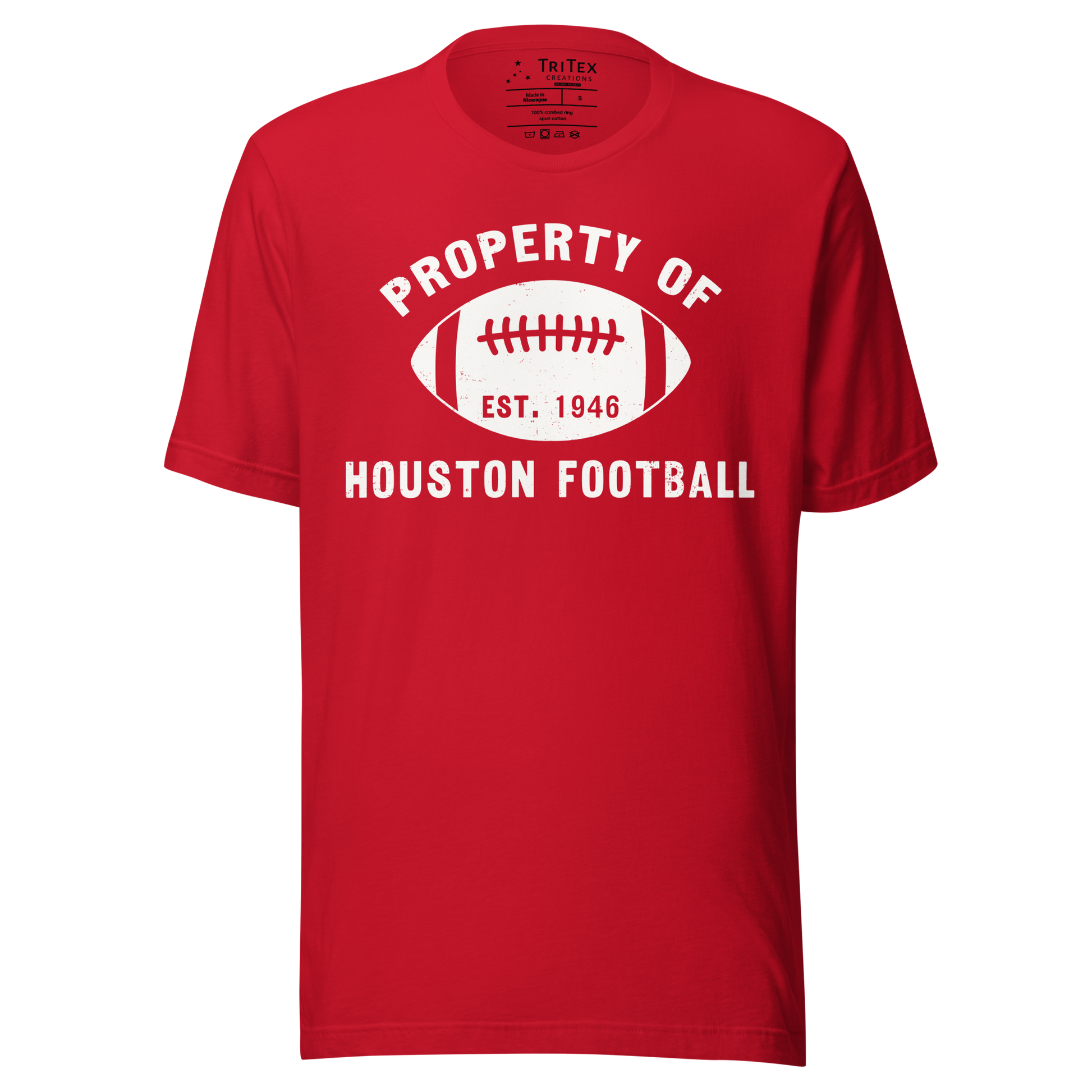 A red t-shirt featuring a silhouette of a football with text that reads "Property of Houston Football Est. 1946".