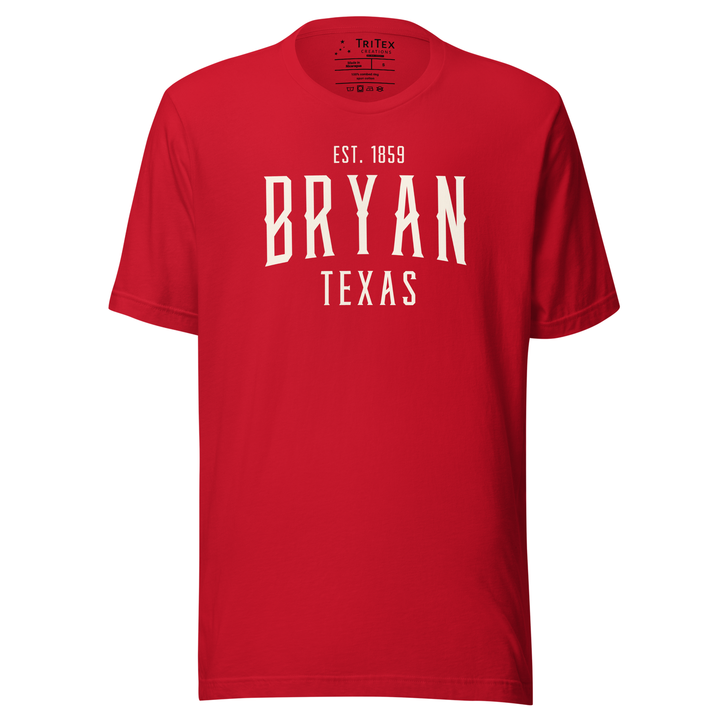 A red t-shirt with the words "Bryan Texas Est. 1859".