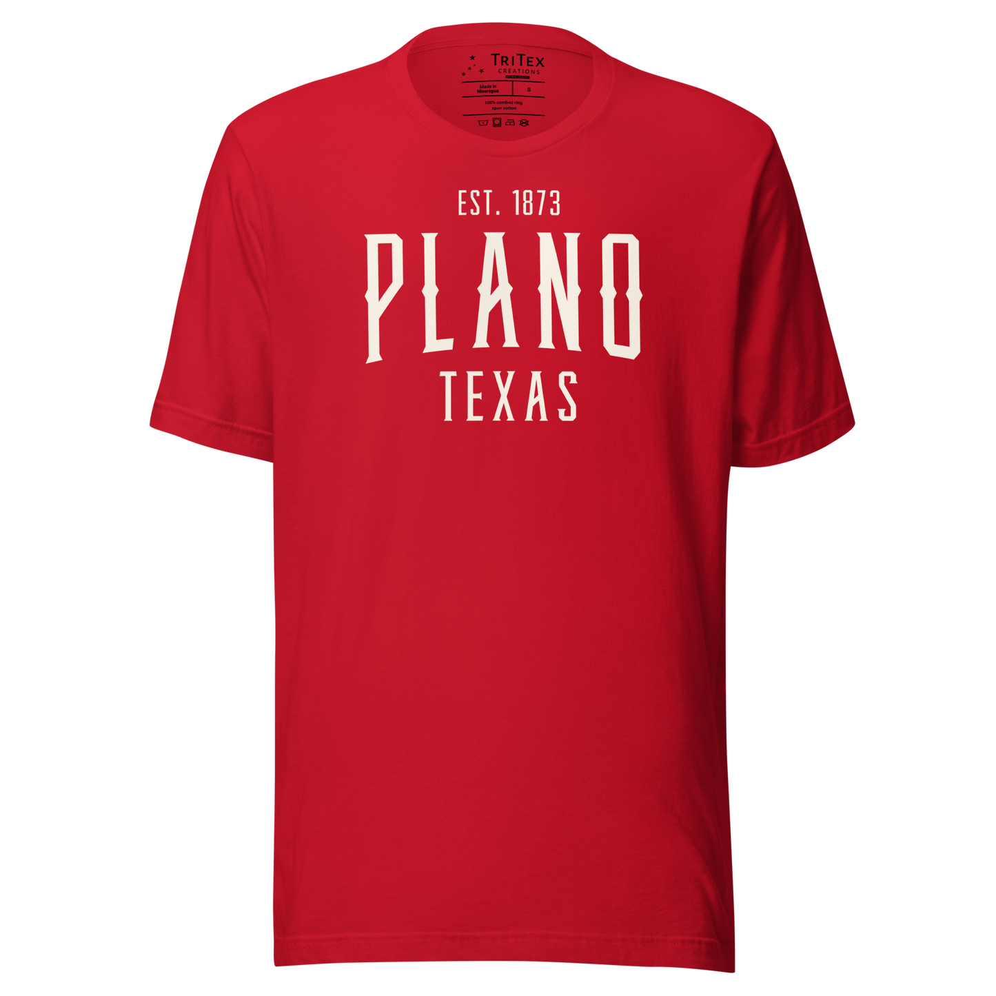 A red t-shirt with the words "Plano Texas Est. 1873".