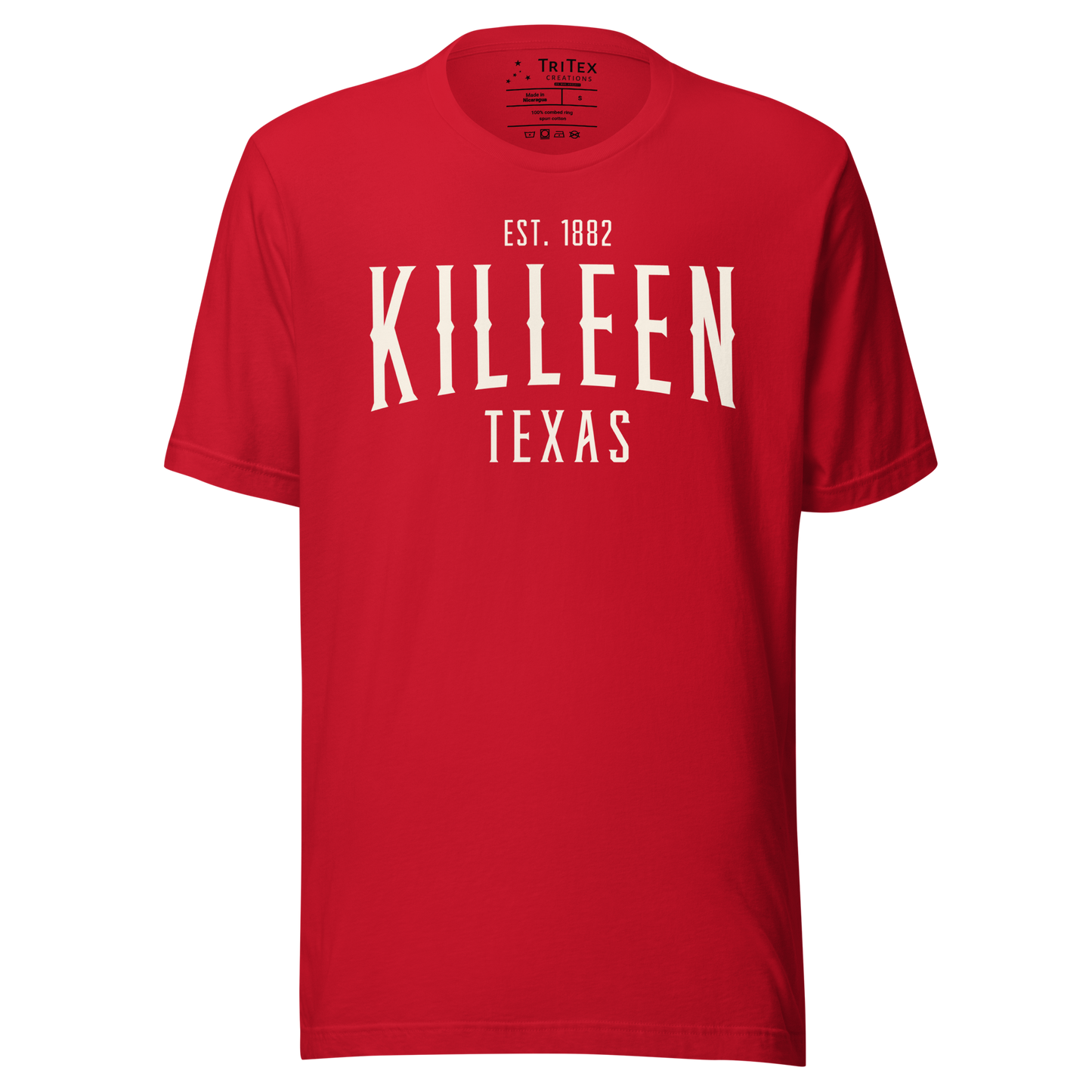 A red t-shirt with the words "Killeen Texas Est. 1882".
