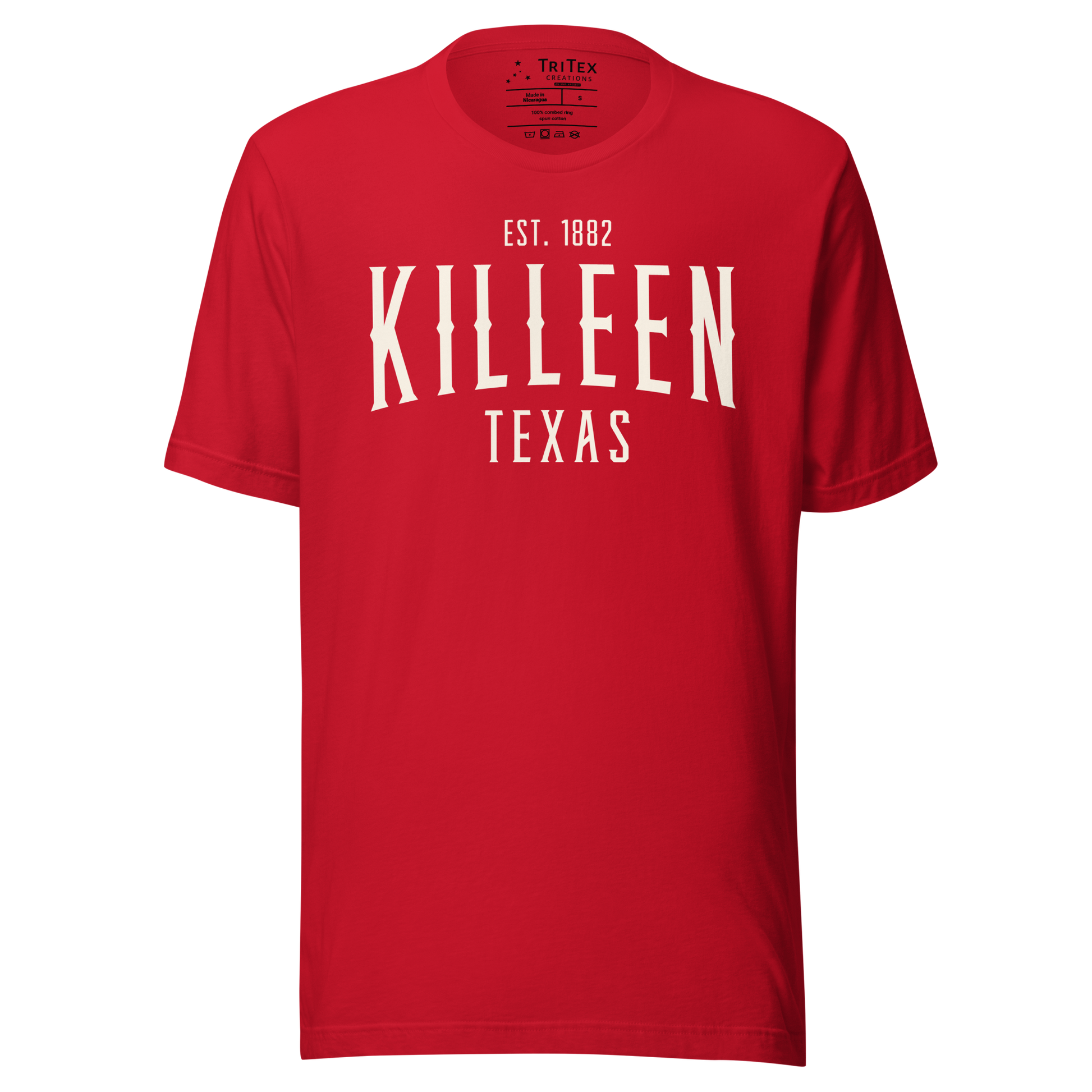 A red t-shirt with the words "Killeen Texas Est. 1882".