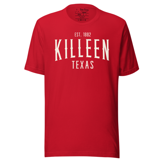 A red t-shirt with the words "Killeen Texas Est. 1882".