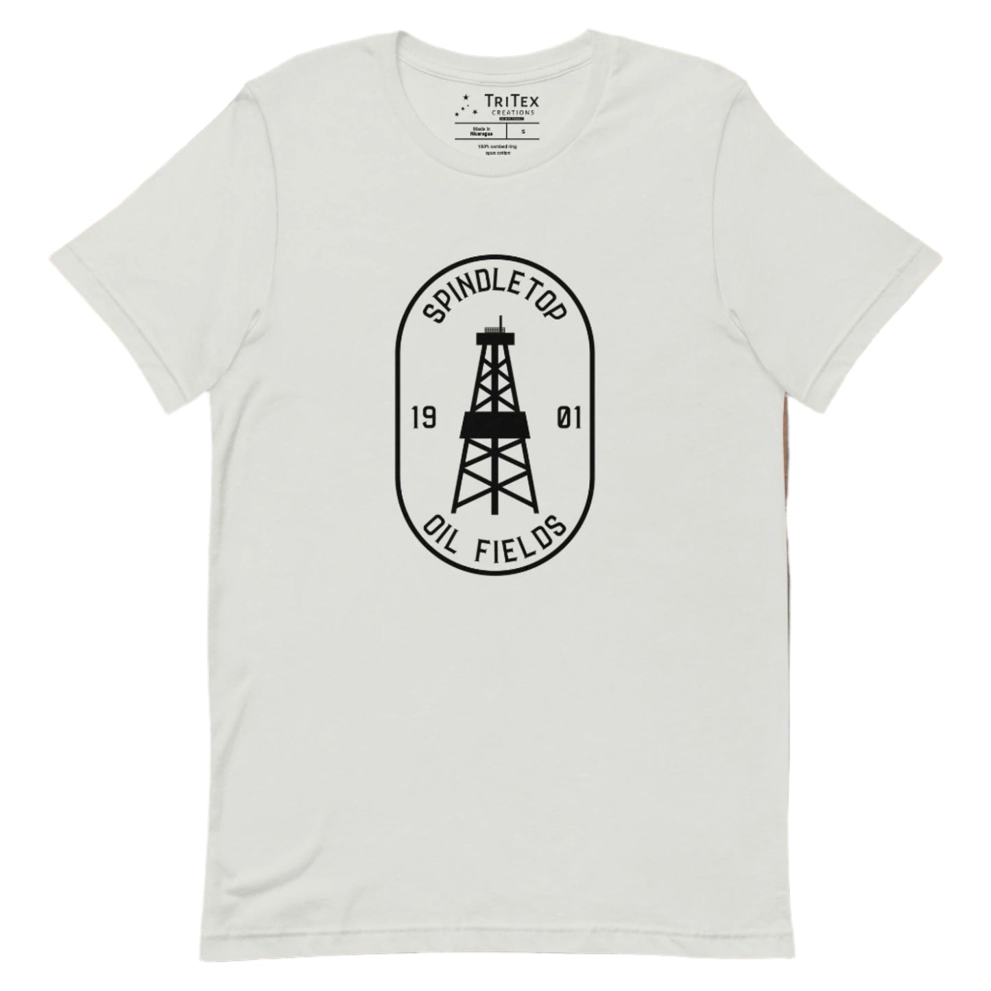 A silver t-shirt featuring an oil tower with the words "Spindletop oil fields 1901".