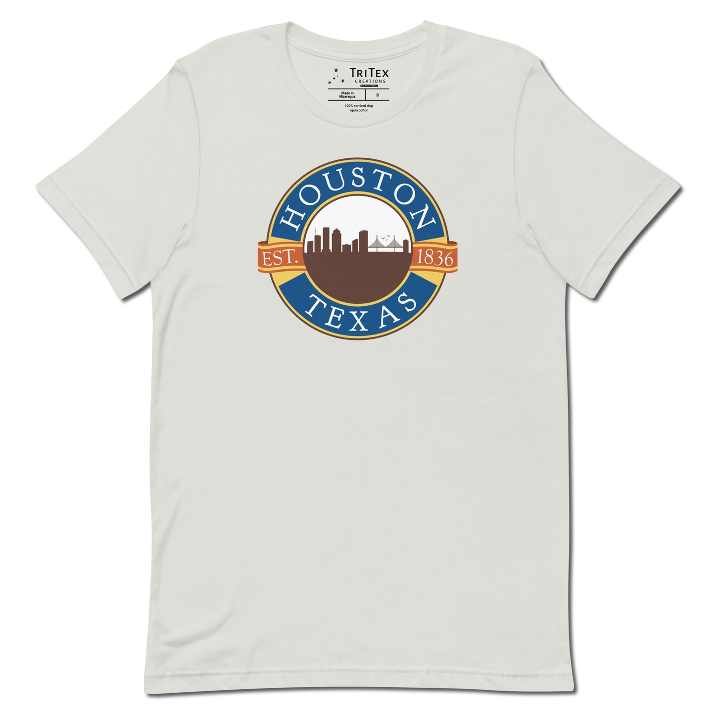 A silver t-shirt with the words "Houston Texas Est. 1836" in the style of the Blue Bell Ice Cream logo.