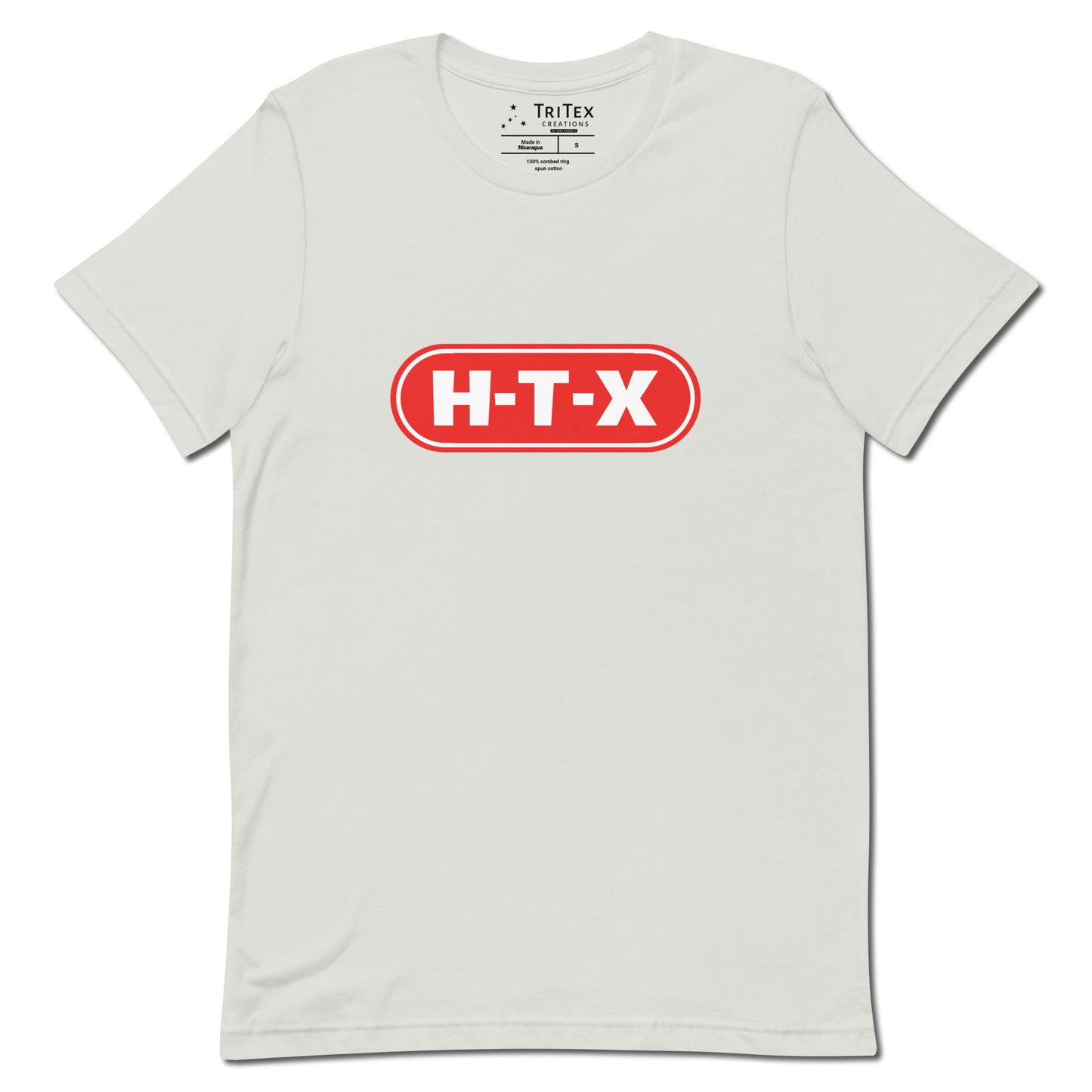 A silver t-shirt with the text "H-T-X" in the style of the H-E-B logo.