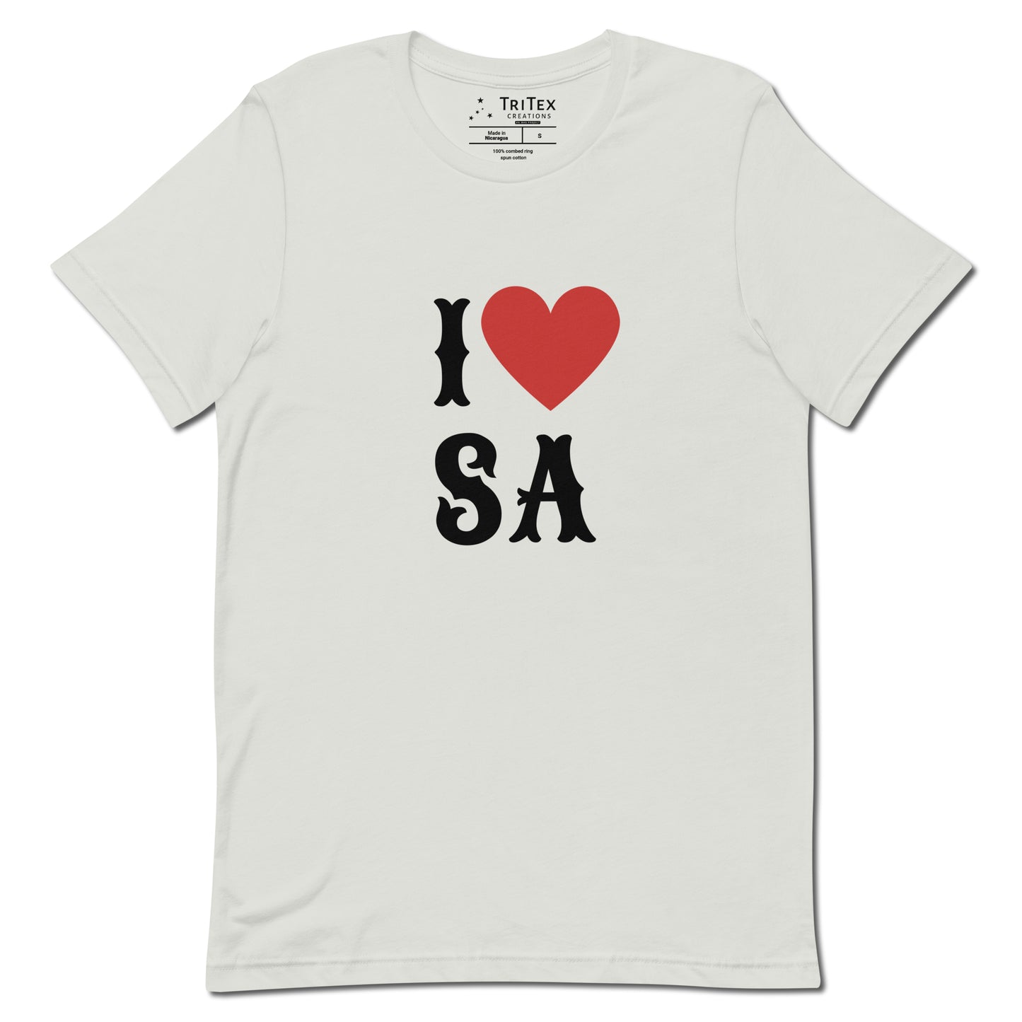 A silver shirt with the text "I Love SA".