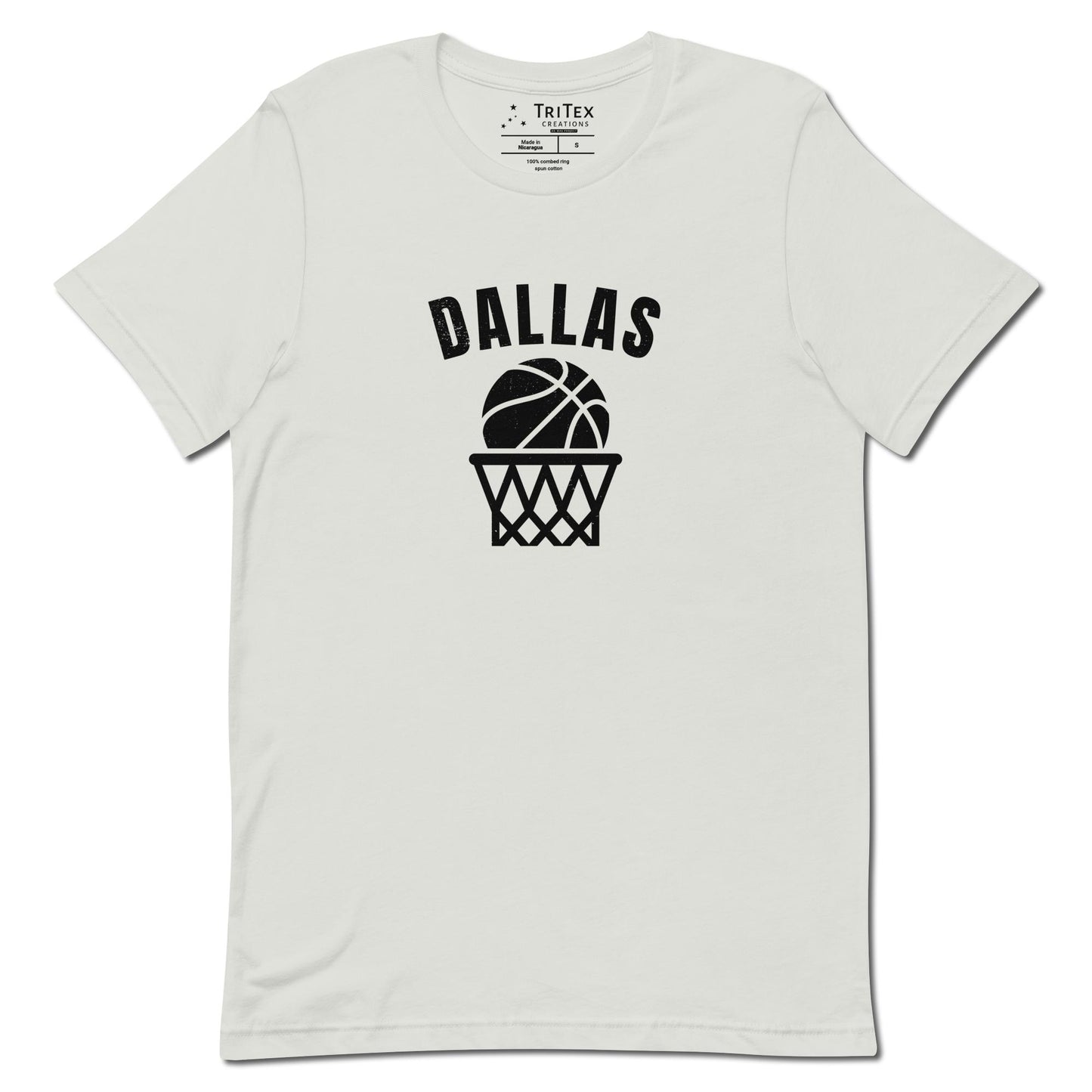 A silver t-shirt featuring a basketball and net with the words "Dallas".