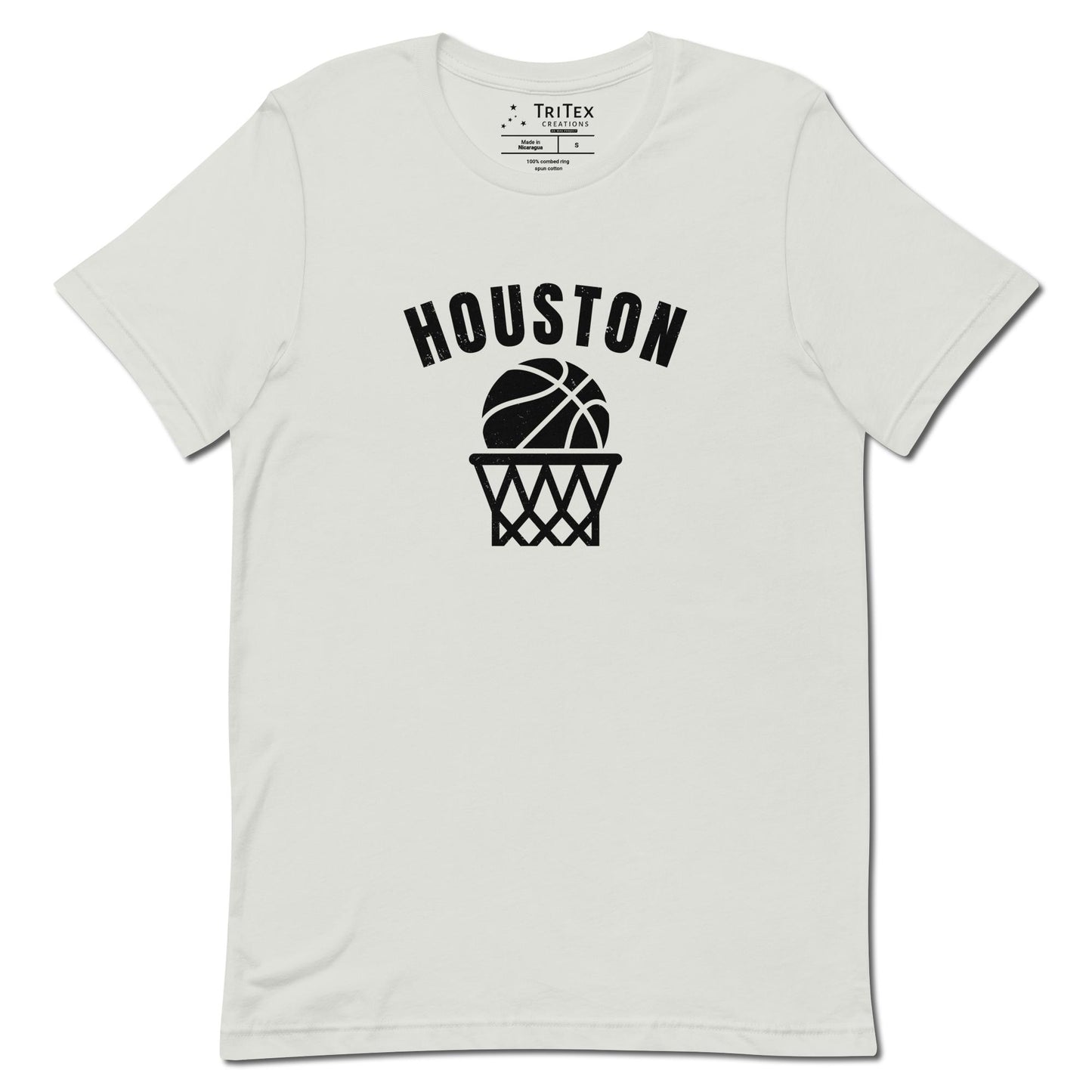 A silver t-shirt featuring a basketball and net with the words "Houston".