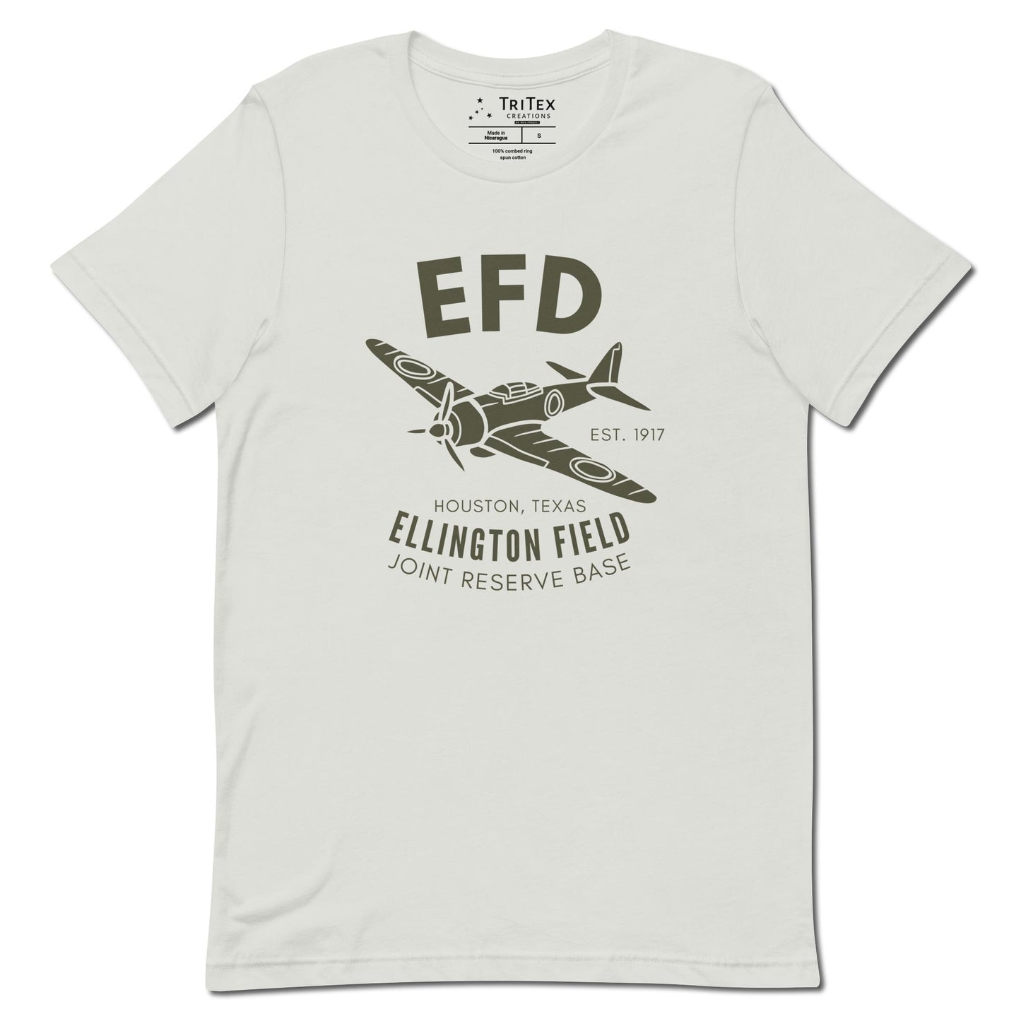 A silver t-shirt featuring a vintage fighter lane with the words "EFD Est. 1917 Houston, Texas Ellington Field Joint Reserve Base".