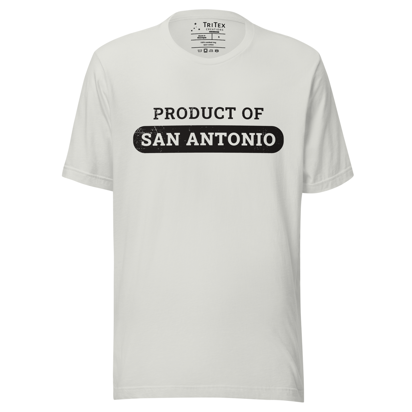 A silver t-shirt with the text "Product of San Antonio".