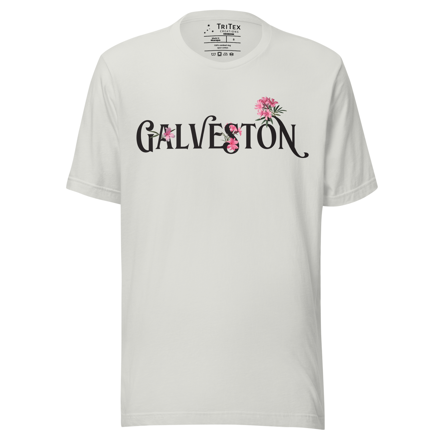 A silver t-shirt with the name of "Galveston" amongst oleanders.