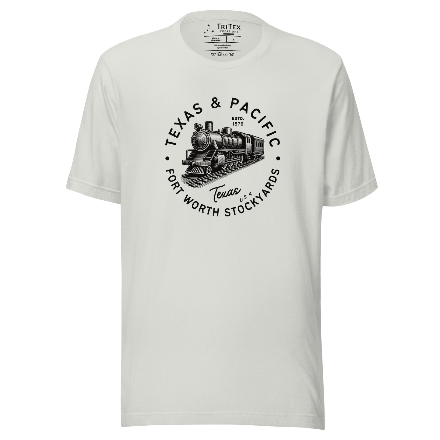 A silver t-shirt featuring a vintage illustration of a locomotive with the words "Texas & Pacific. Fort Worth Stockyards. Texas USA".