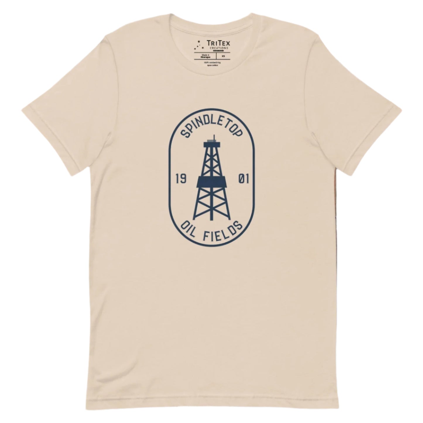 A soft cream t-shirt featuring an oil tower with the words "Spindletop oil fields 1901".